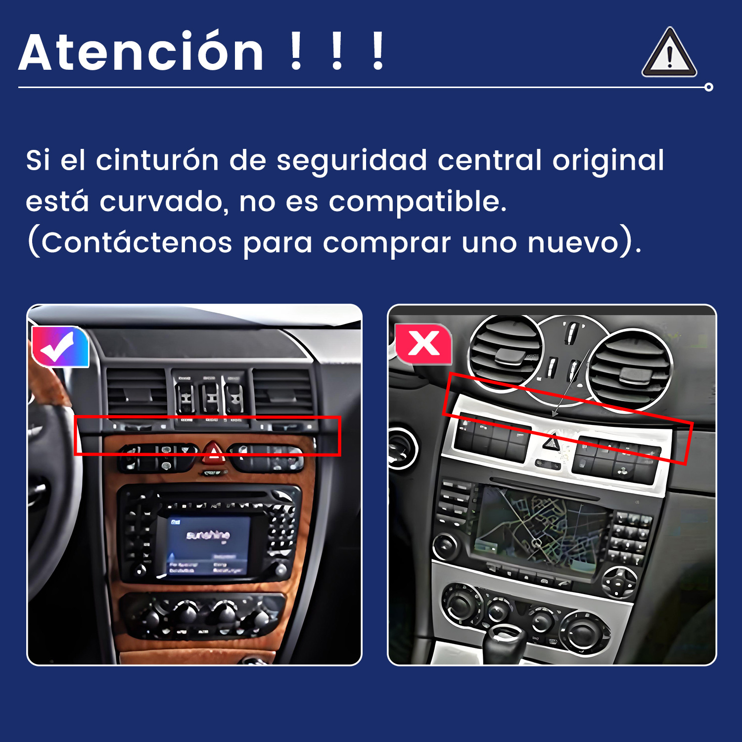 Imagen muestra dos salpicaderos de coches. El de la izquierda tiene una marca de verificación y el de la derecha una X roja. El texto advierte sobre la compatibilidad.