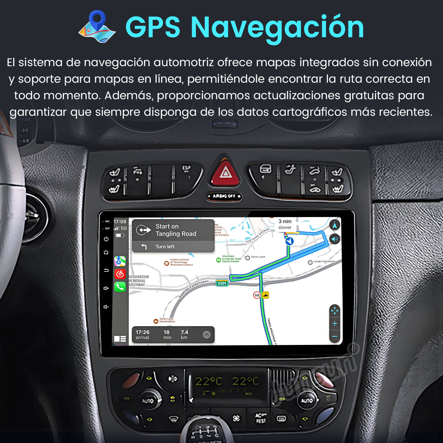 Pantalla del sistema de navegación del coche que muestra un mapa con indicaciones de ruta y controles del coche.