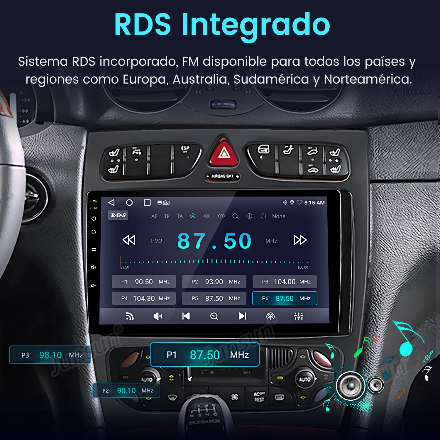 Pantalla de radio del coche mostrando 87.50 MHz. Botones de FM, volumen y preajustes son visibles. El salpicadero incluye AC y cambio.