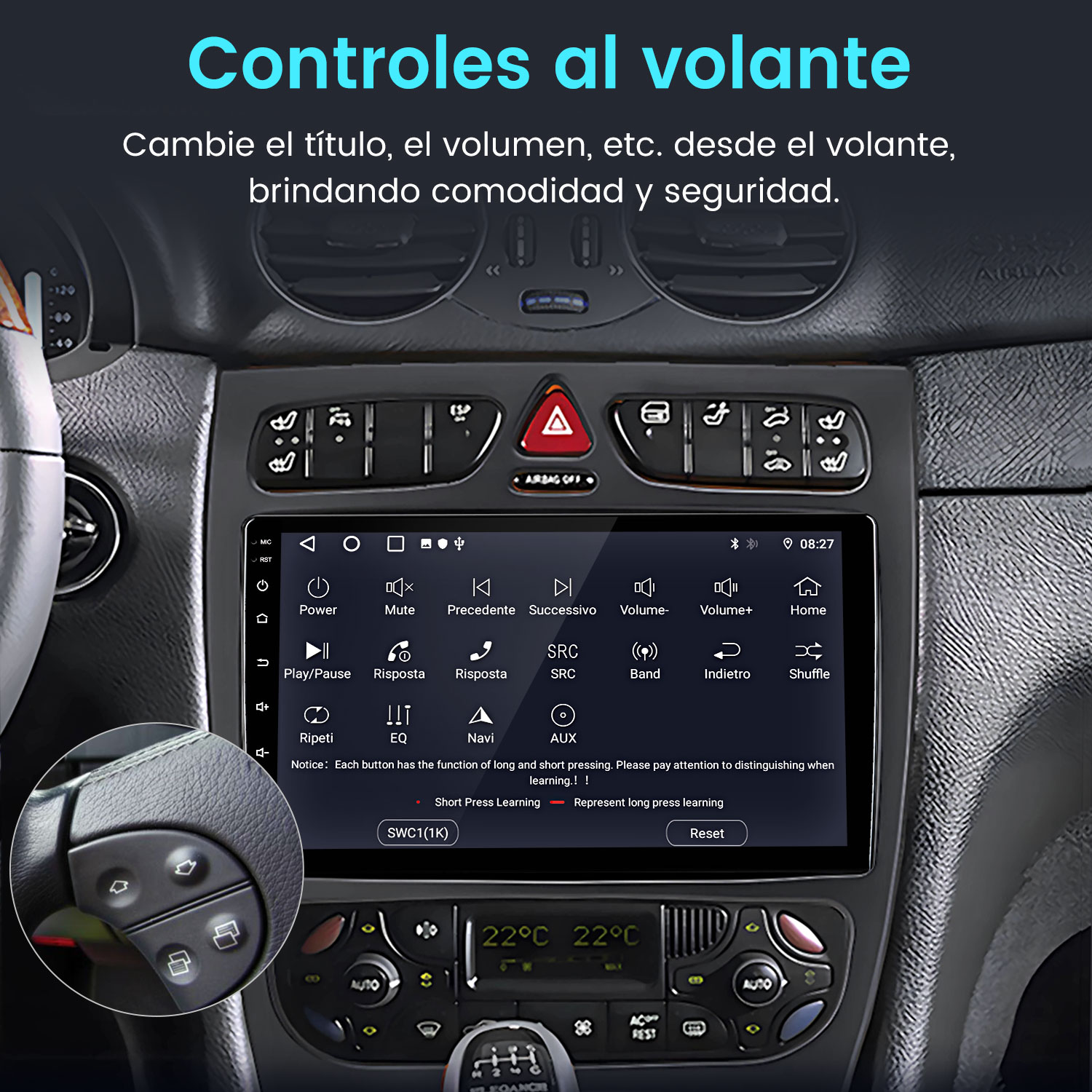 Panel de coche con pantalla mostrando controles, incluyendo volumen, silencio y reproducción. Controles del volante visibles a la izquierda.