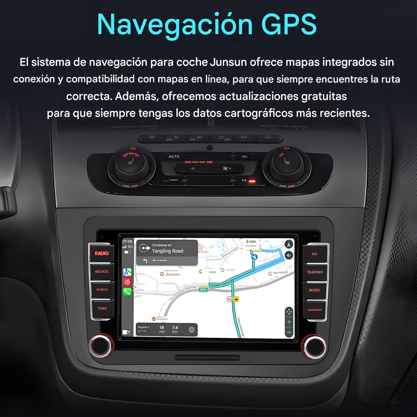Sistema de navegación GPS para automóviles que muestra un mapa con indicaciones de ruta. Botones para radio, medios y otras funciones visibles.