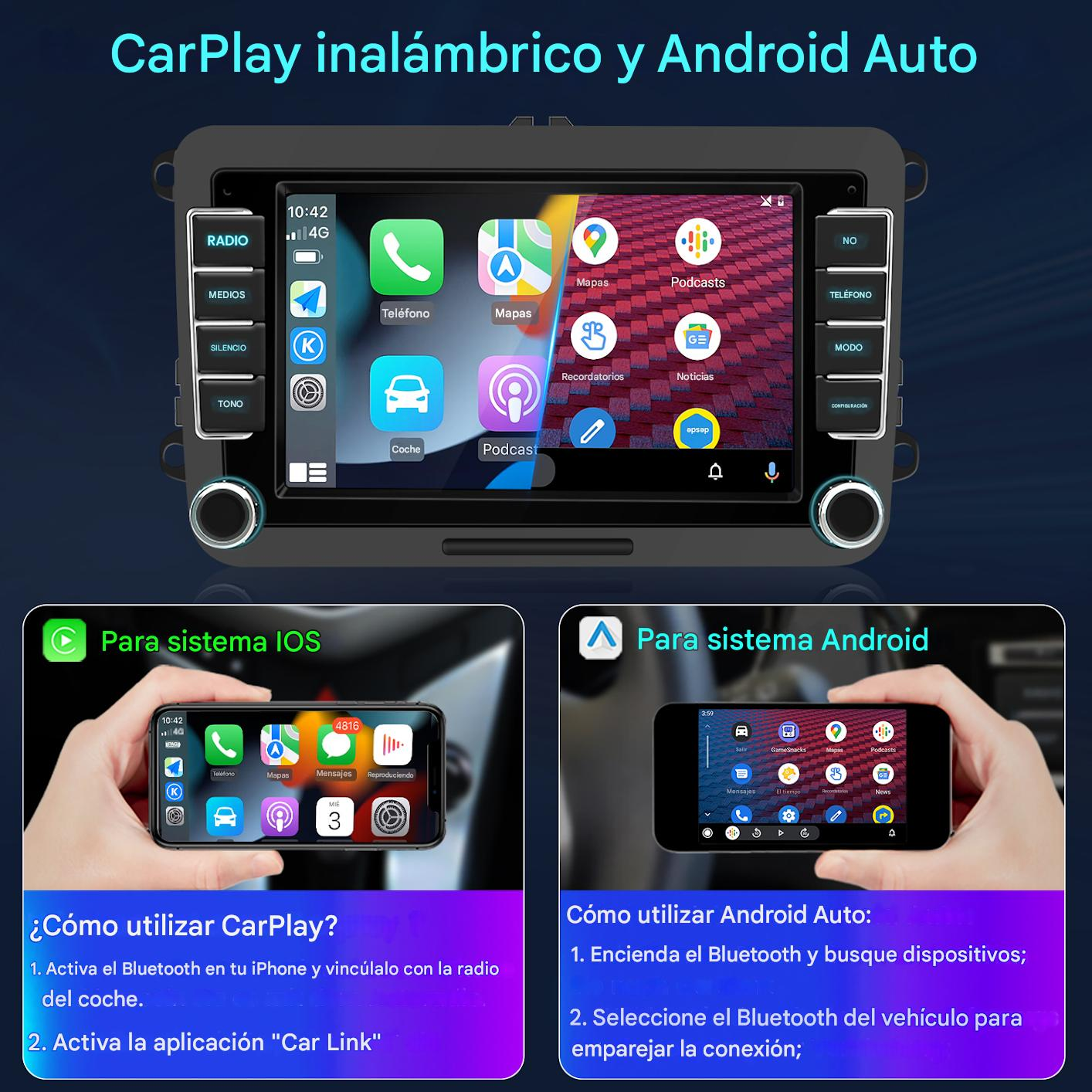 Pantalla de radio del coche con iconos de aplicaciones. Debajo, instrucciones para iOS y Android y un teléfono con interfaz CarPlay.