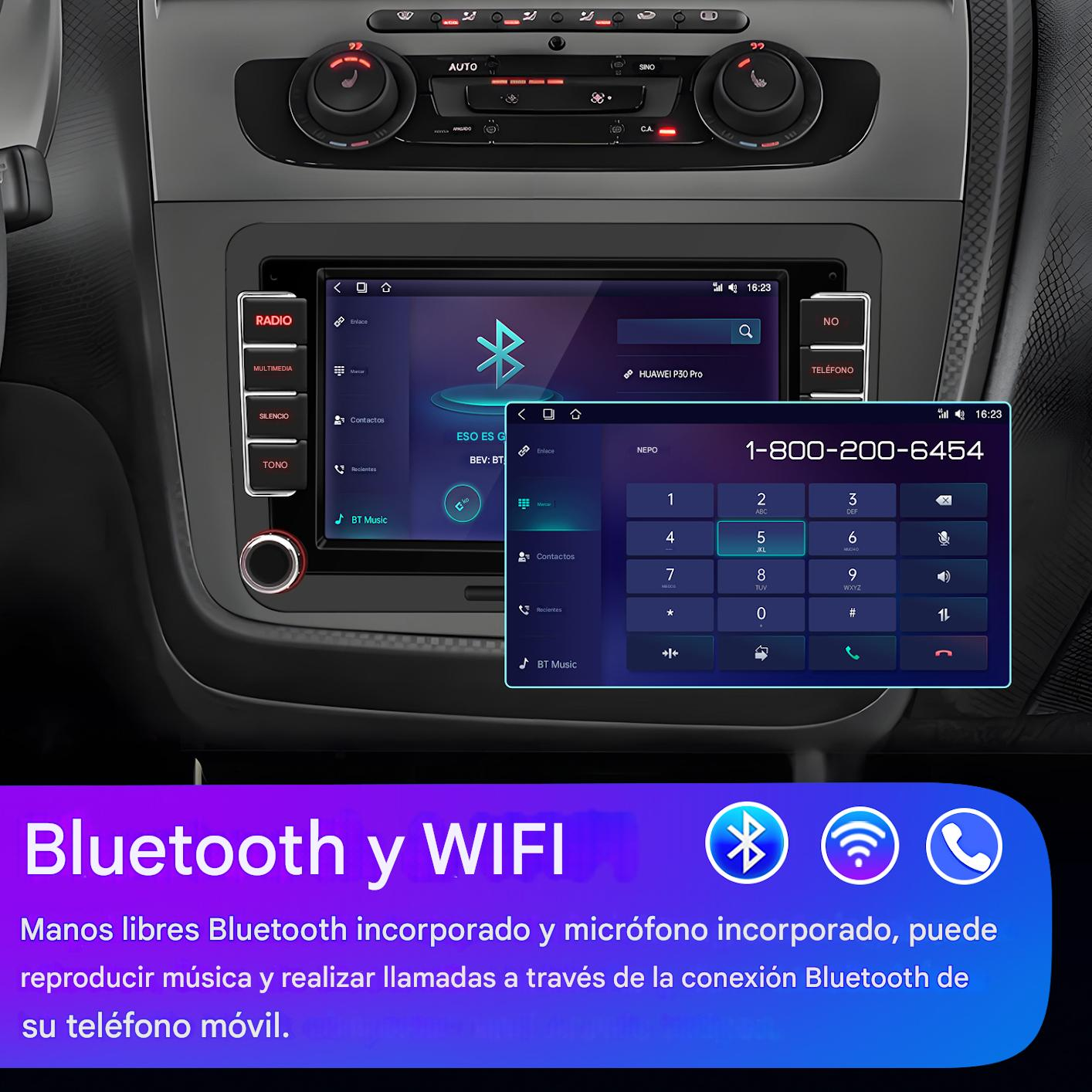 Pantalla de radio del coche con opciones de Bluetooth y WiFi, teclado telefónico y controles de radio.