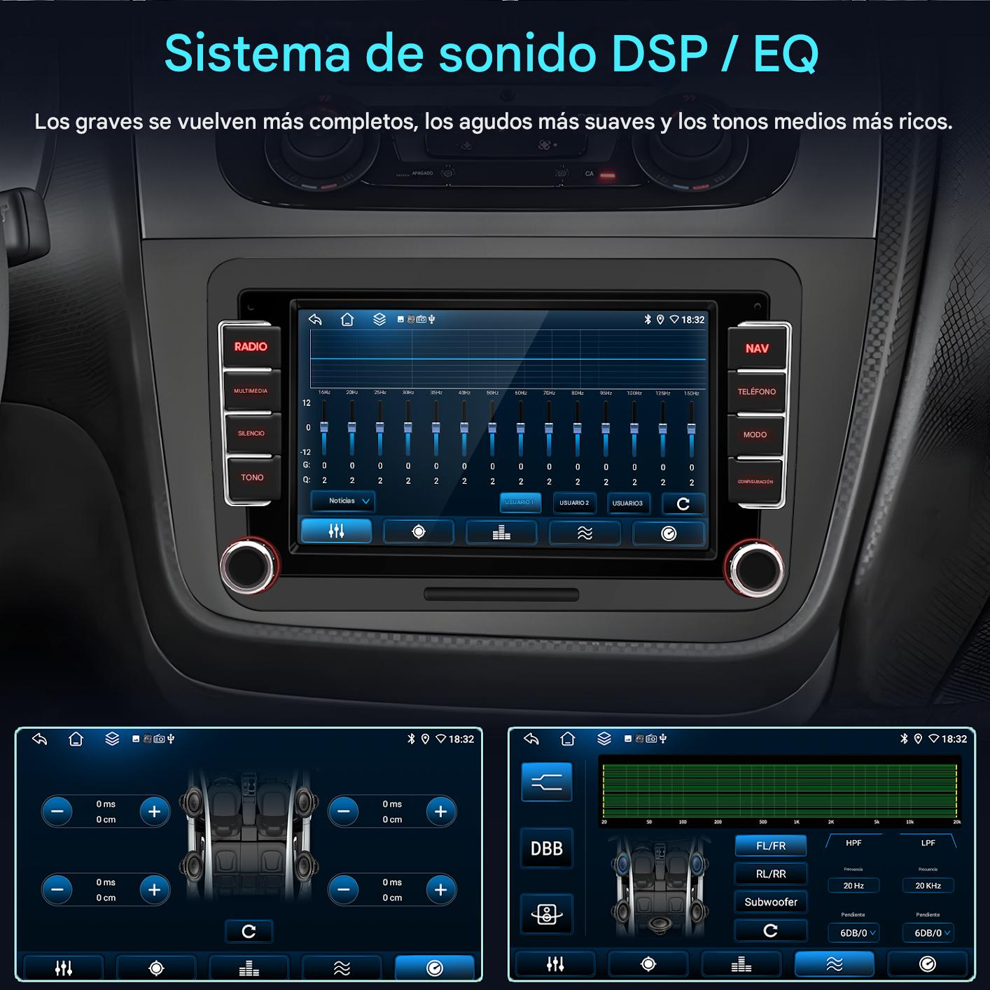 Sistema de audio de coche con ajustes de ecualizador, mostrando ajustes de frecuencia y configuraciones de altavoces.
