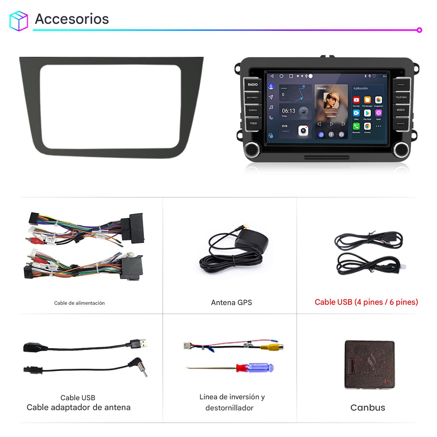 Accesorios para automóvil: radio, cables, antena GPS, Canbus y destornillador. Pantalla de radio muestra música e iconos de apps.