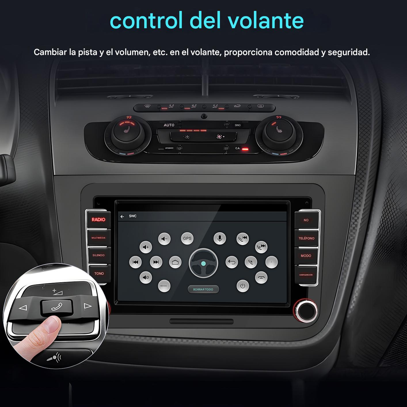 Panel del coche que muestra sistema multimedia, controles del volante y aire acondicionado. Una mano pulsa un botón.