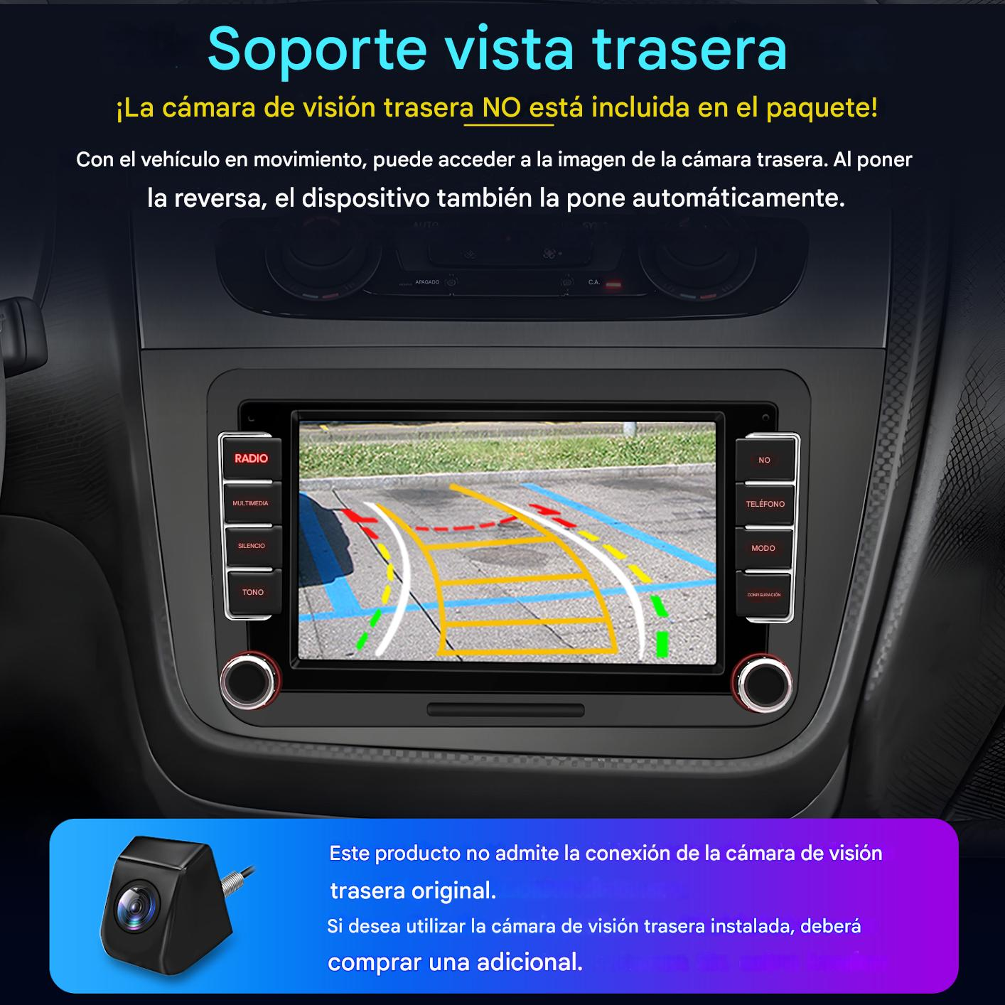 Panel del coche con pantalla de cámara de marcha atrás. Se muestra una cámara pequeña debajo. También hay texto en español.