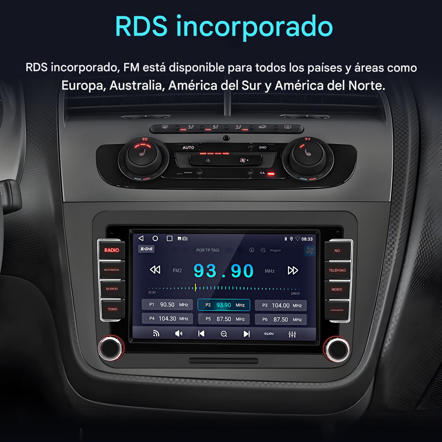 Pantalla de radio del coche que muestra FM 93.90 MHz. Botones para radio, multimedia y ajustes. Texto en español: RDS incorporado.