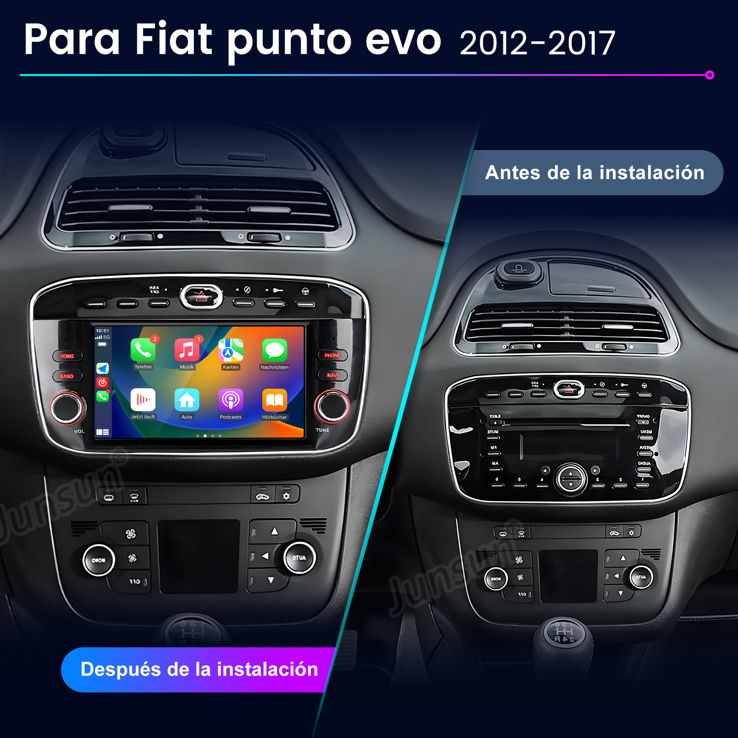 La imagen muestra el salpicadero de un coche antes y después de instalar un nuevo sistema multimedia. El nuevo sistema tiene una pantalla táctil.