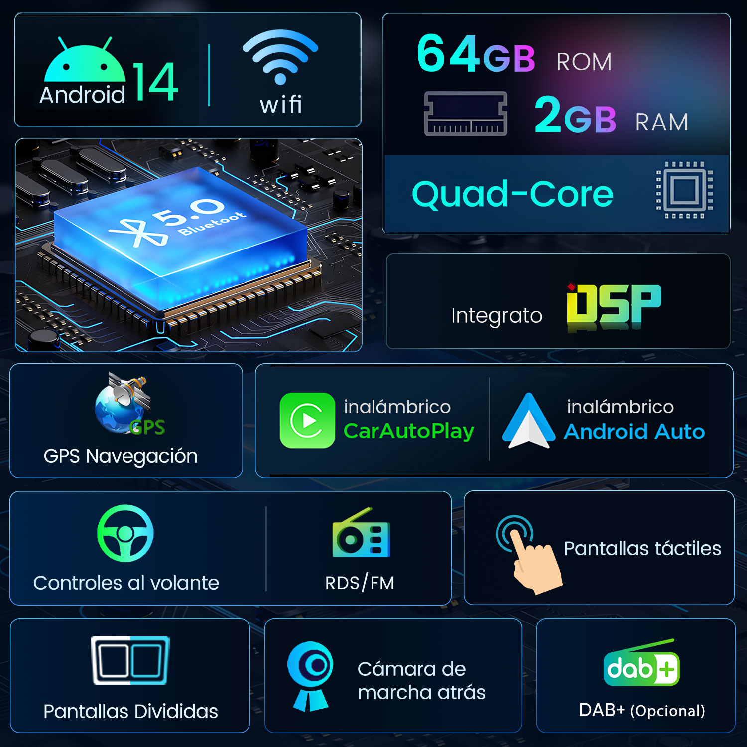 La imagen muestra Android 14, Wi-Fi, Bluetooth 5.0, 64 GB ROM, 2 GB RAM, Quad-Core, GPS, CarAutoPlay, Android Auto y otras funciones del coche.