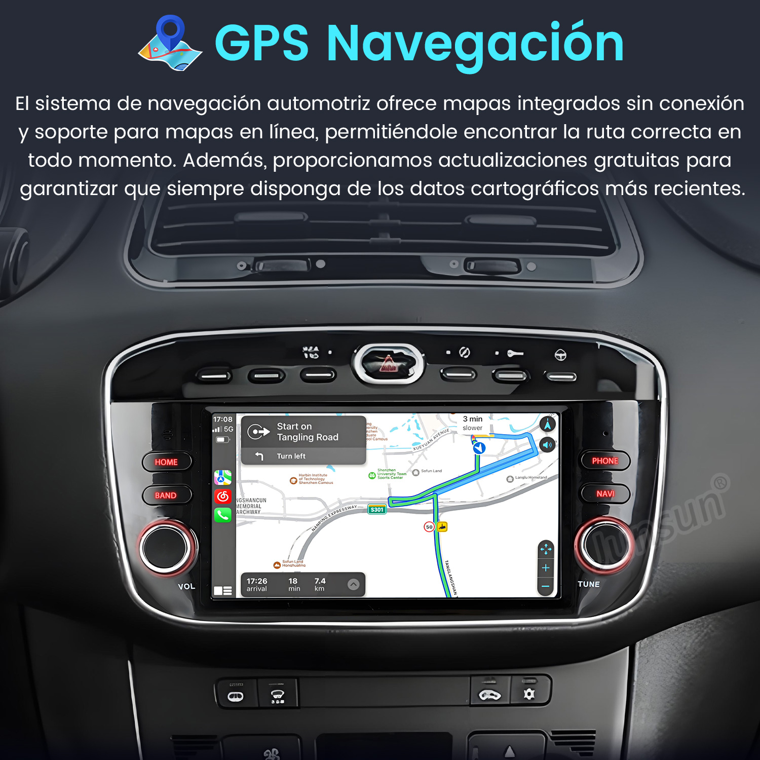 Panel del coche con mapa GPS, instrucciones de navegación, botones y texto.