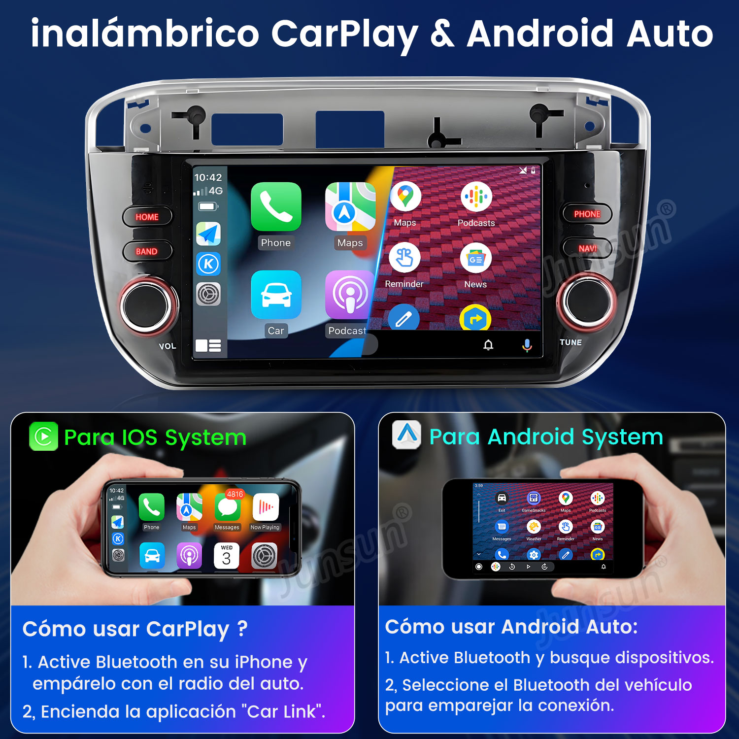Pantalla de radio de coche mostrando aplicaciones, con instrucciones para iOS y Android sobre cómo usar CarPlay y Android Auto.