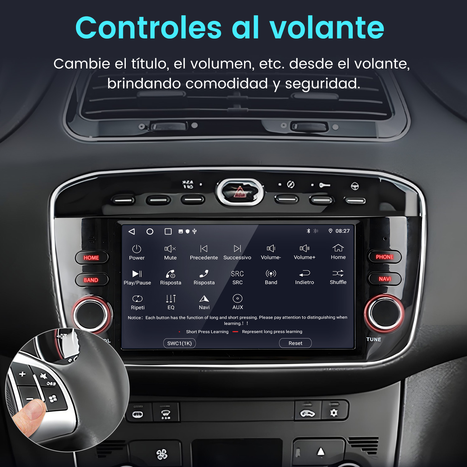Panel del salpicadero del coche que muestra una pantalla táctil, botones y controles del volante. La pantalla muestra varias opciones y ajustes.