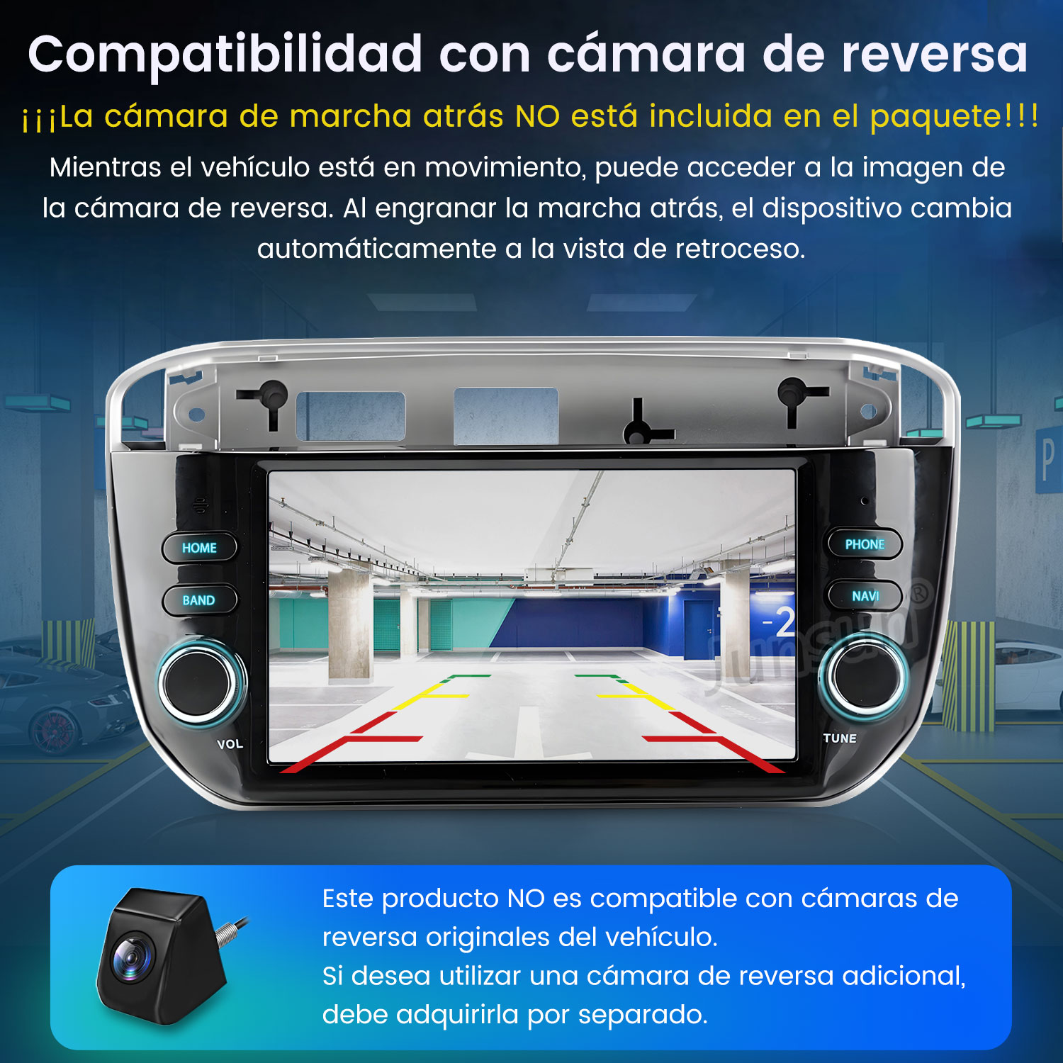 Pantalla de estéreo de coche mostrando vista de estacionamiento con líneas. Cámara abajo a la izquierda. Texto sobre compatibilidad.