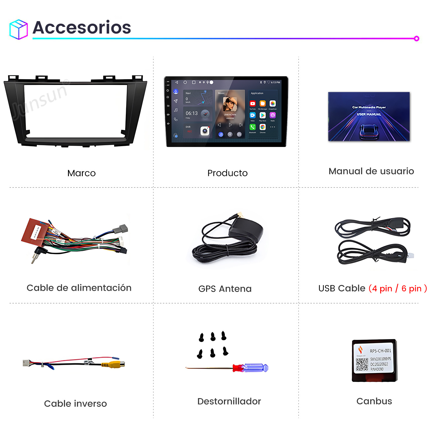 La imagen muestra accesorios para automóviles: reproductor multimedia para automóvil, cables, antena GPS, destornillador y manual de usuario.