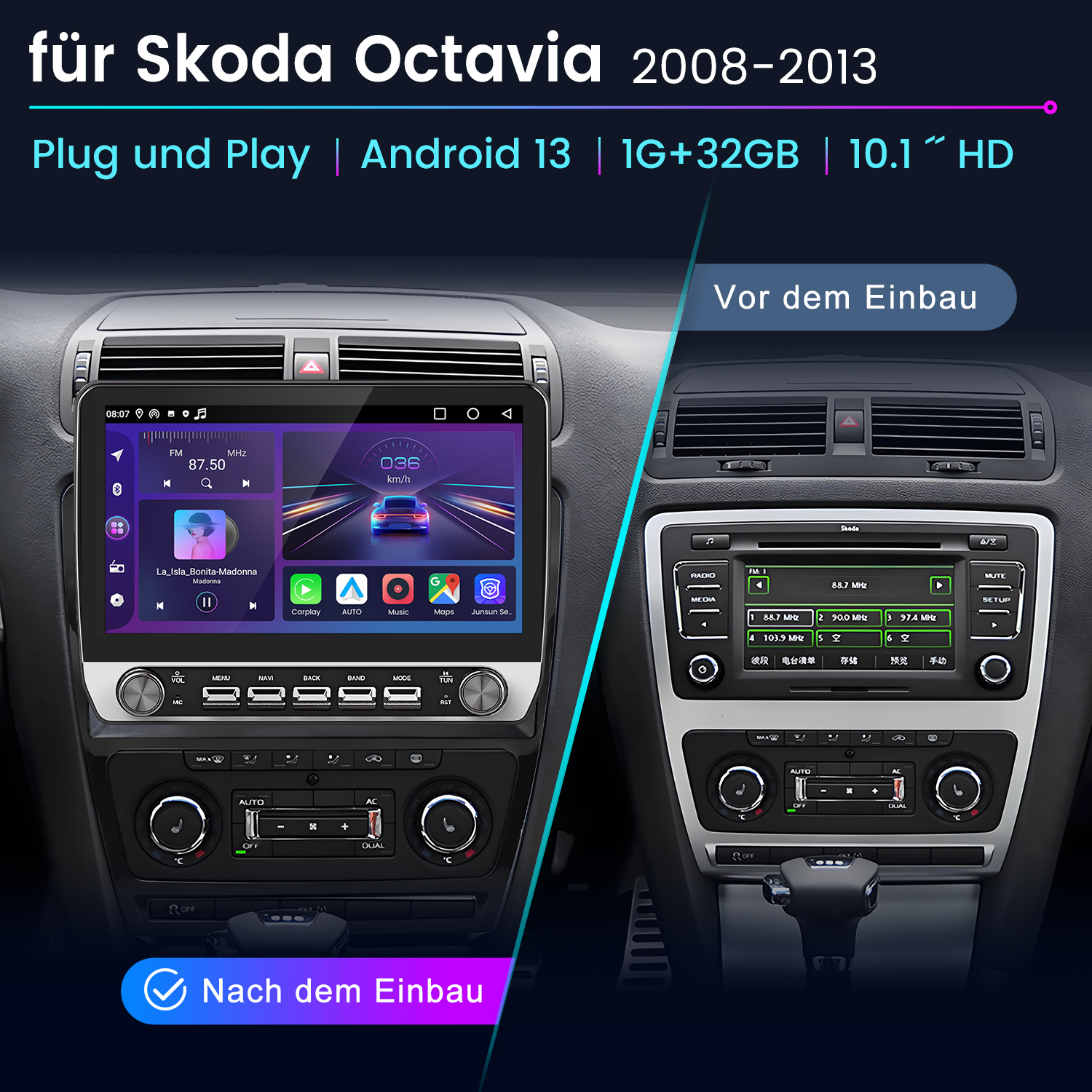 Das Bild zeigt das Armaturenbrett eines Autos vor und nach der Installation eines neuen Android-Systems.