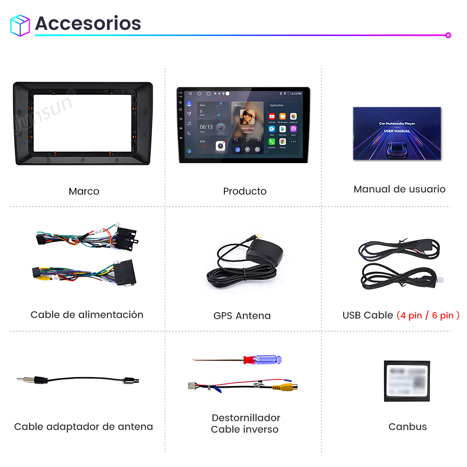 La imagen muestra accesorios para automóviles, incluyendo un marco, pantalla, cables y un manual. Se muestran varios componentes.