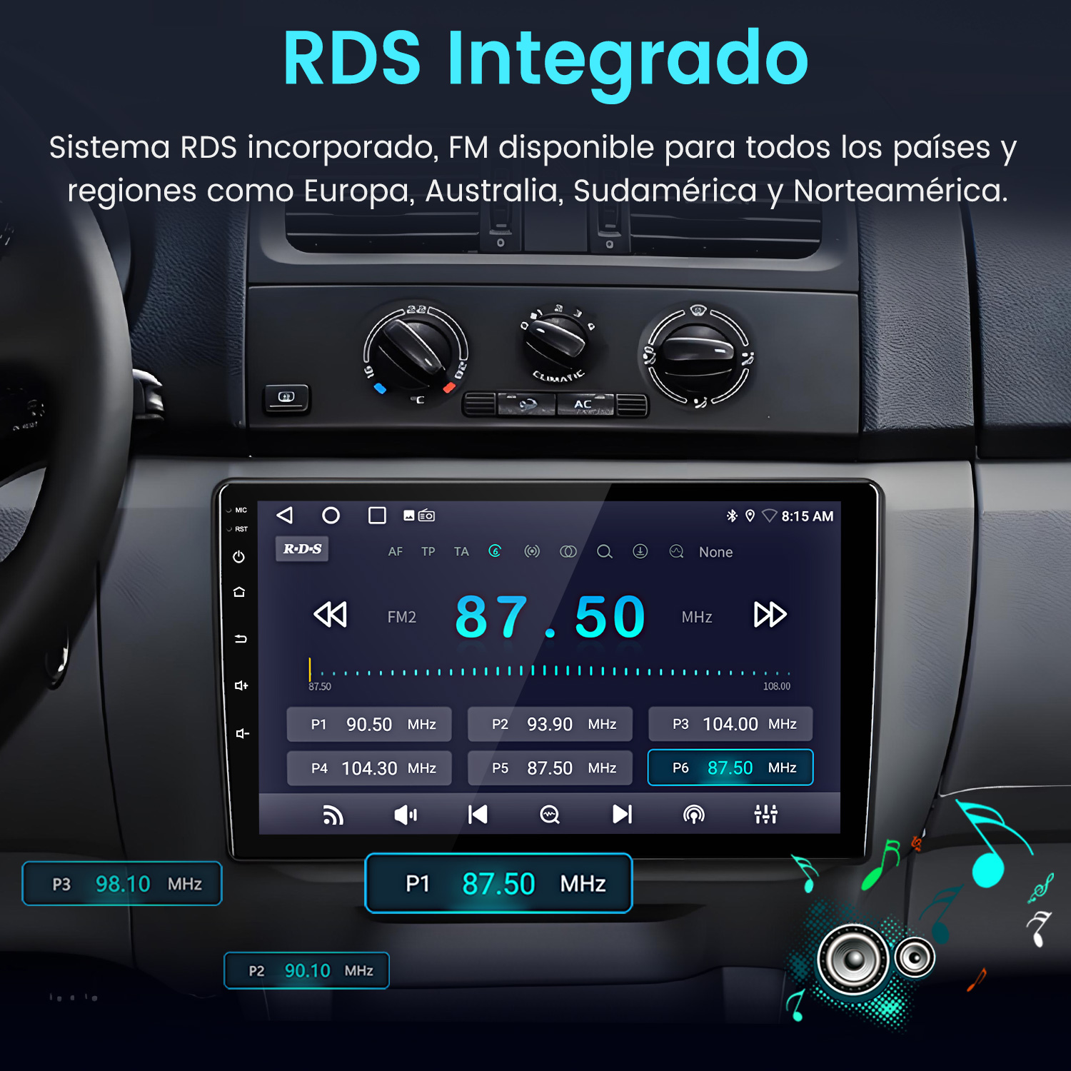 Radio de coche con RDS. La pantalla muestra FM 87.50 MHz. Botones y control climático visibles.