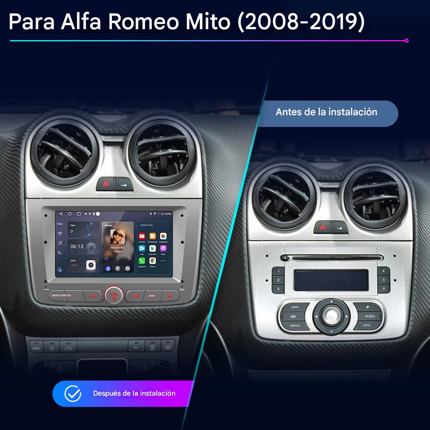 Comparación del salpicadero del coche: antes y después de la instalación. El lado izquierdo muestra una pantalla con aplicaciones, el derecho una radio estándar.