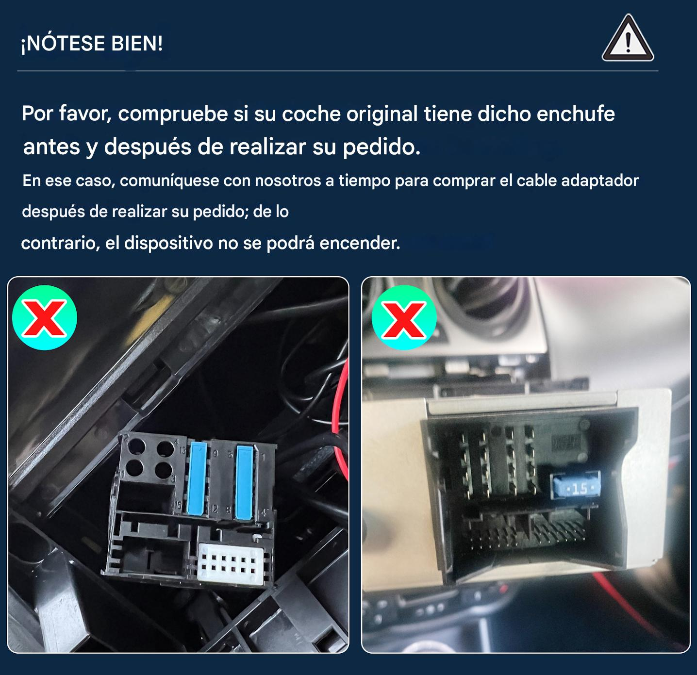 Dos conectores de radio de coche uno al lado del otro, uno con conectores azules y blancos, el otro con un fusible. Ambos marcados con una X roja.