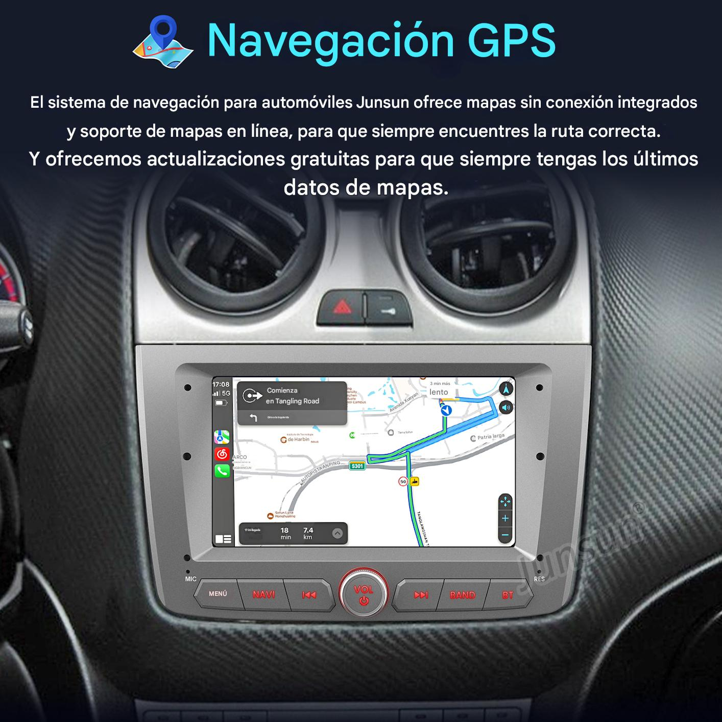 Panel del automóvil con pantalla de navegación GPS, detalles del mapa y botones de control, rodeado del interior del automóvil.