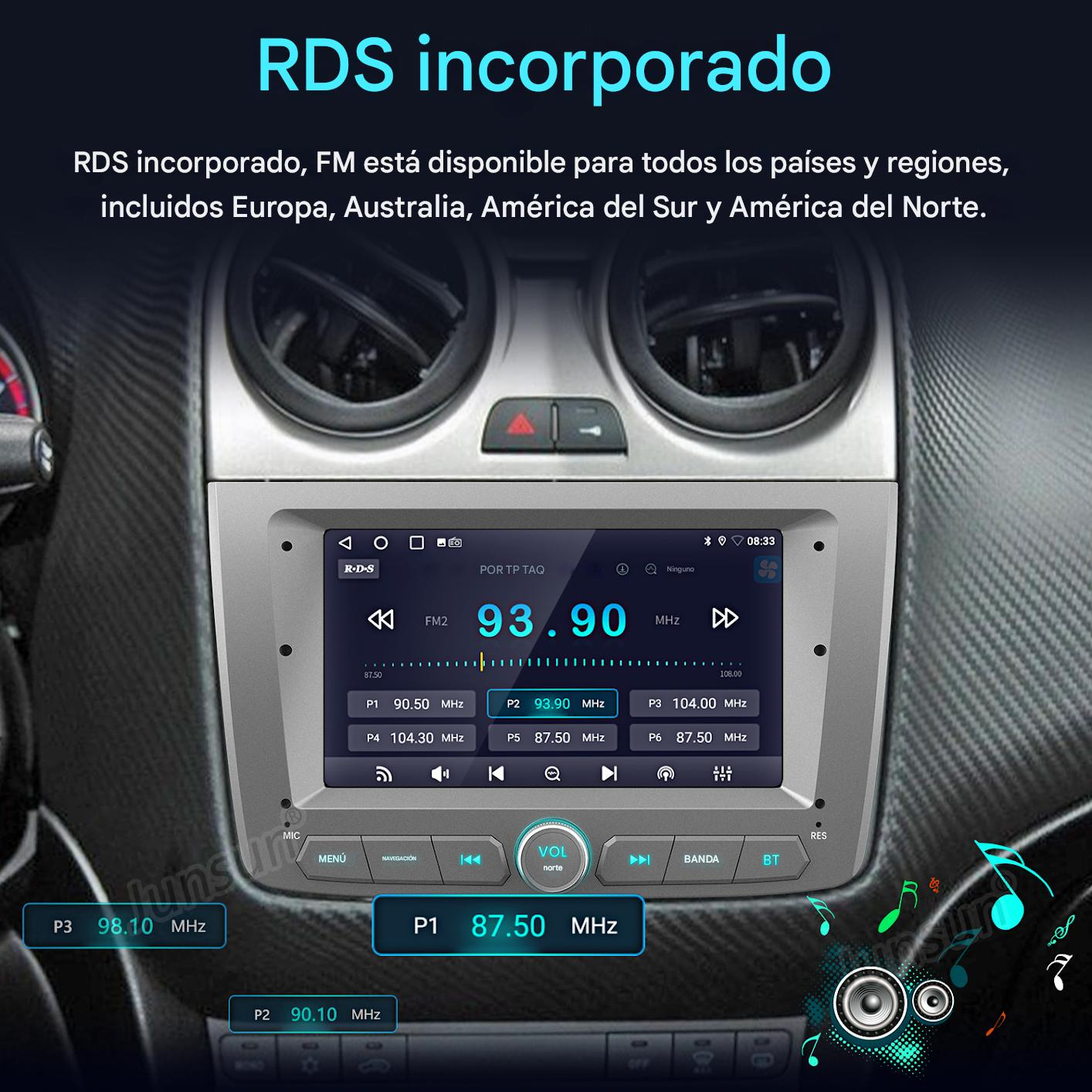 Pantalla de radio del coche que muestra la frecuencia FM 93.90 MHz. El texto incluye RDS, menú y navegación. Fondo muestra el interior del coche.