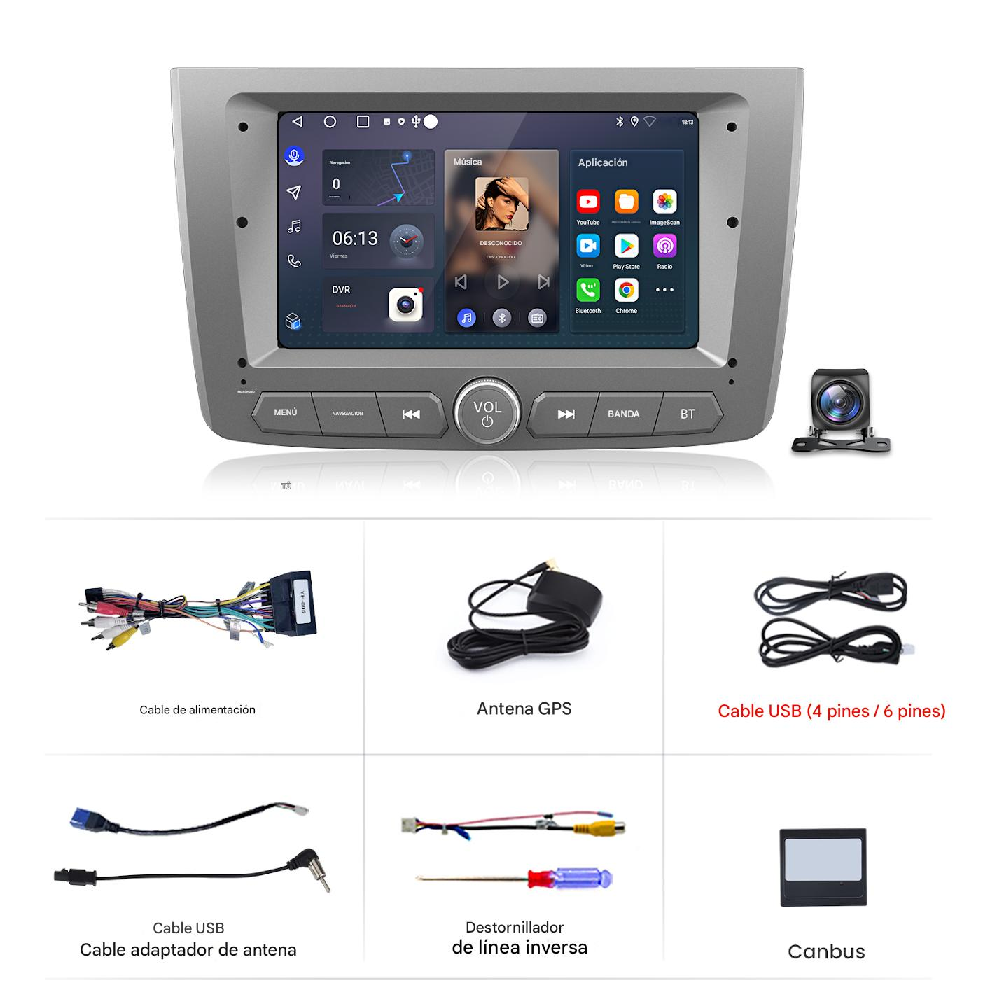 Un sistema de radio para automóvil con pantalla táctil, varios cables, una cámara y otros accesorios se muestran.