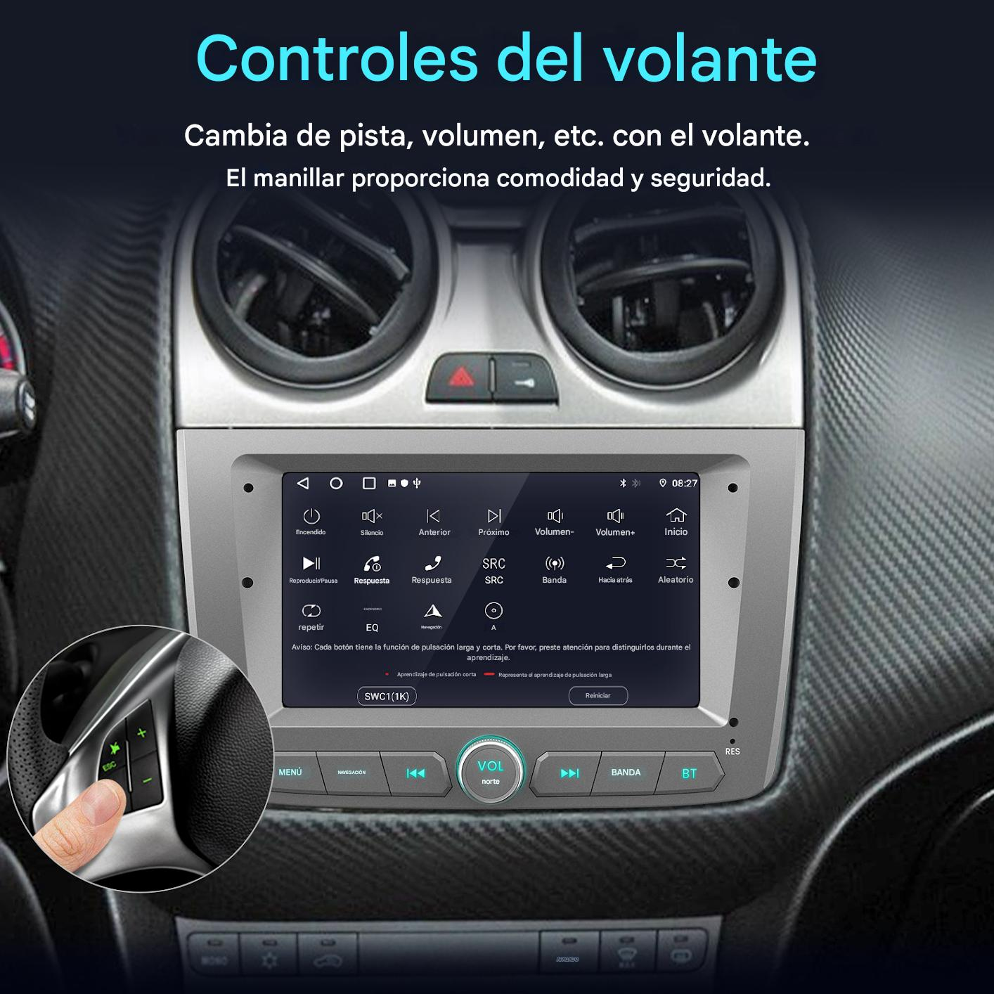 Interior del coche con pantalla que muestra controles. Los controles del volante están a la izquierda. La pantalla muestra varias funciones e iconos.