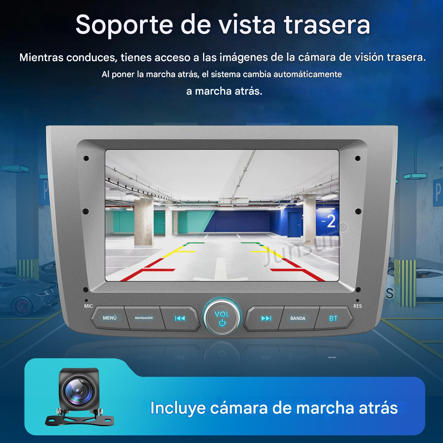 Panel del coche mostrando una vista de cámara de estacionamiento. Tiene botones, una cámara y texto en español. Muestra un garaje.
