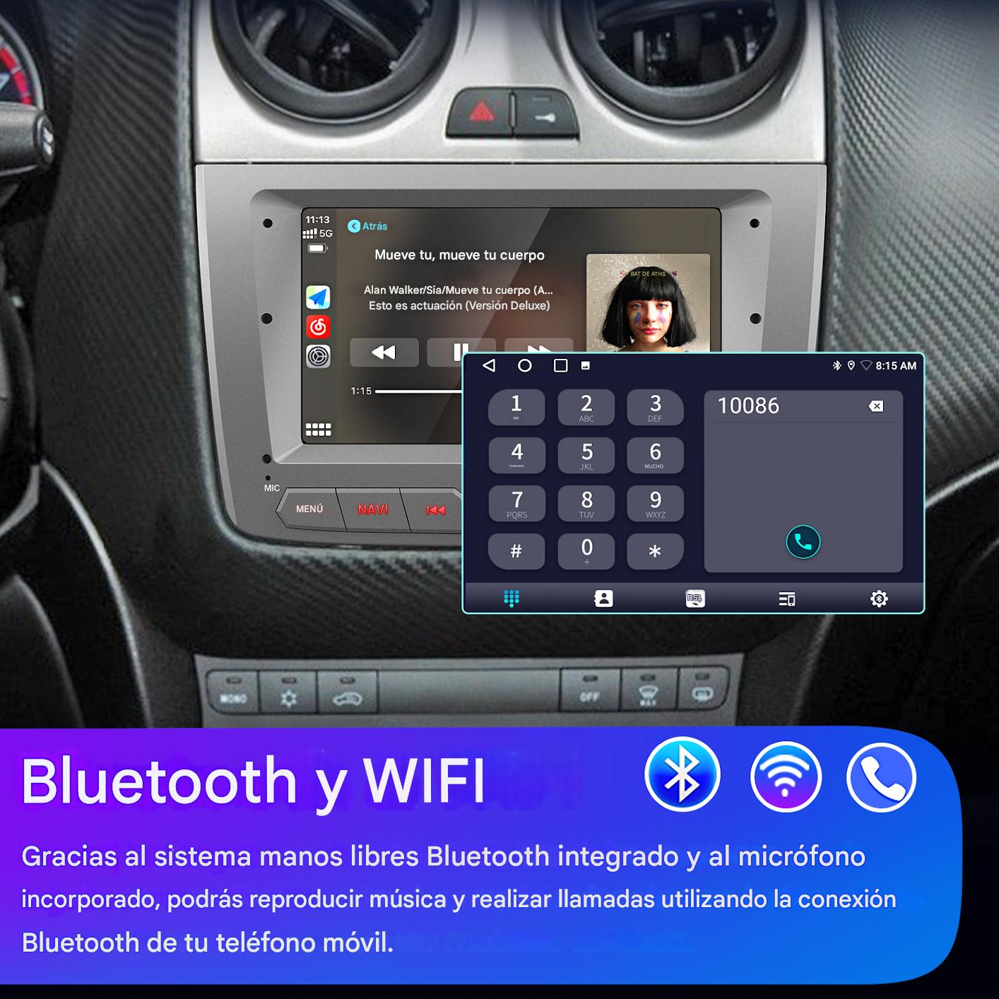 Pantalla de radio del coche muestra música y teclado. Bluetooth y WiFi destacados en banner inferior.