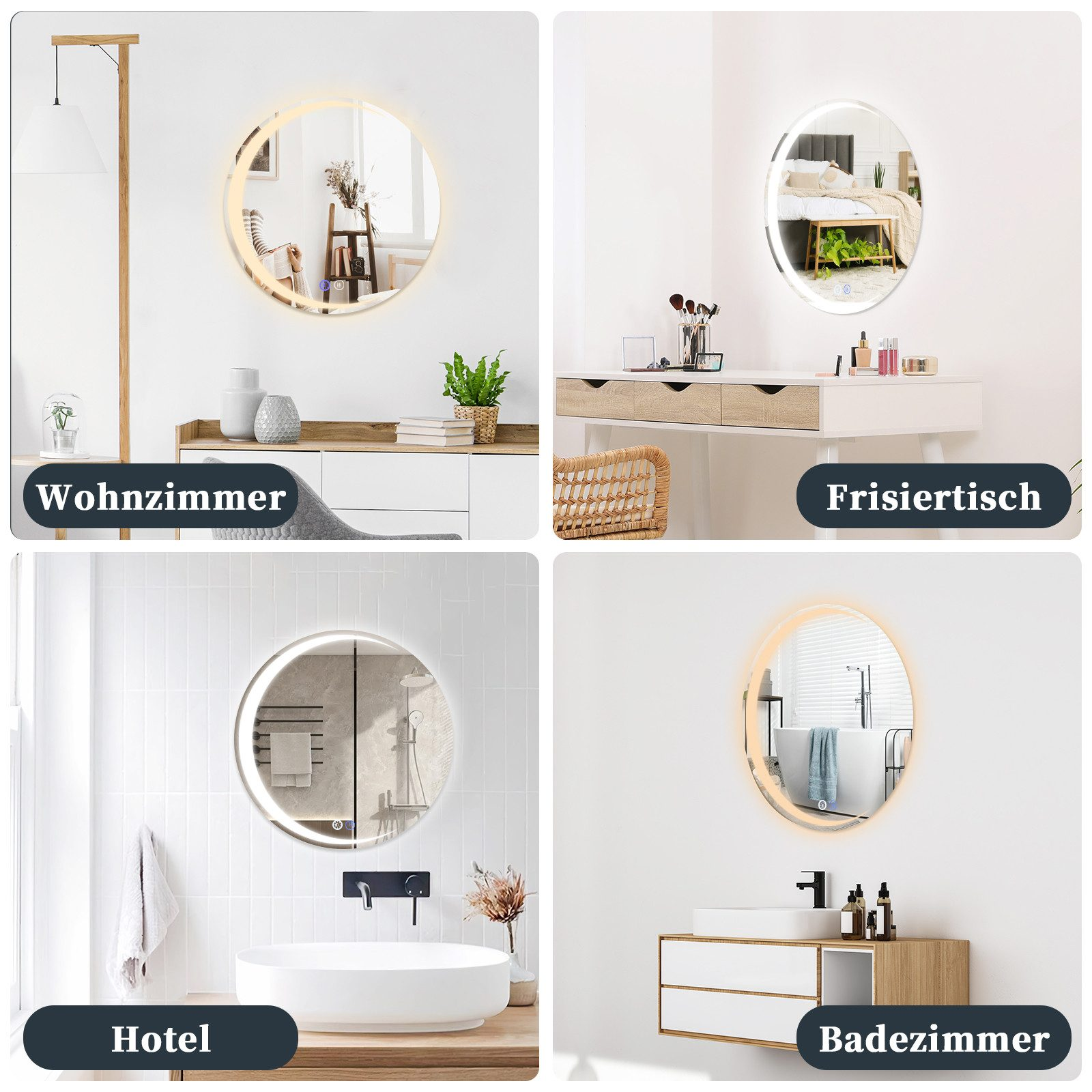 Vier Bilder zeigen beleuchtete, kreisförmige Spiegel in verschiedenen Räumen: Wohnzimmer, Schminktisch, Bad und Hotelbad, jeweils mit unterschiedlicher Einrichtung.