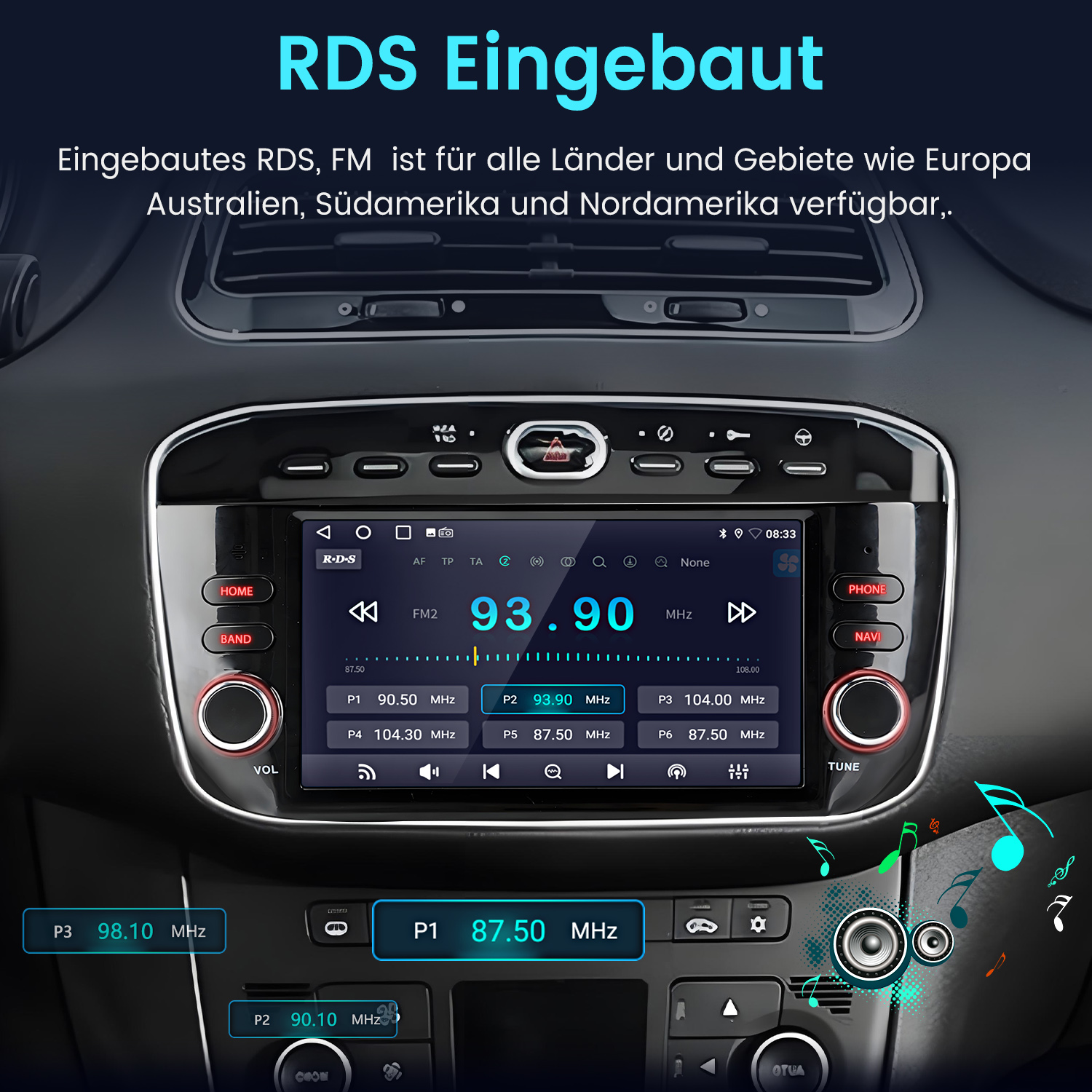 Autoradio-Bildschirm mit FM-Frequenz 93,90 MHz. Tasten für Home, Band, Telefon und Navigation sind sichtbar. Musiknoten in der Ecke.