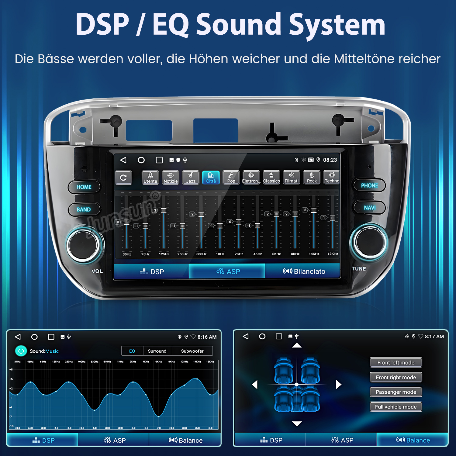 Interfejs systemu audio w samochodzie z ustawieniami korektora i różnymi trybami dźwięku wyświetlanymi na ekranie.