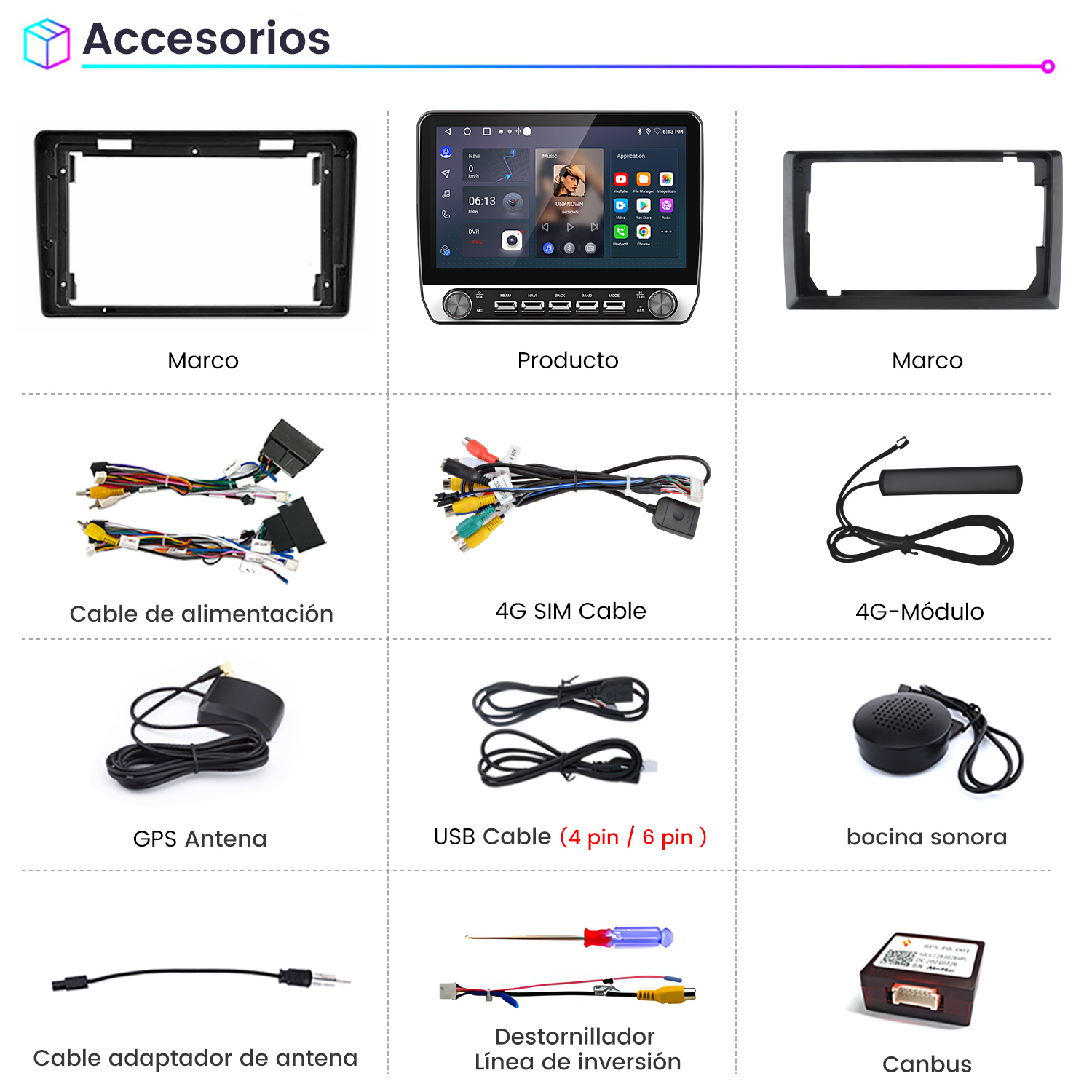 La imagen muestra accesorios para automóviles: marcos, cables, una pantalla, antena, cable SIM, cable USB, altavoz, destornillador y Canbus.