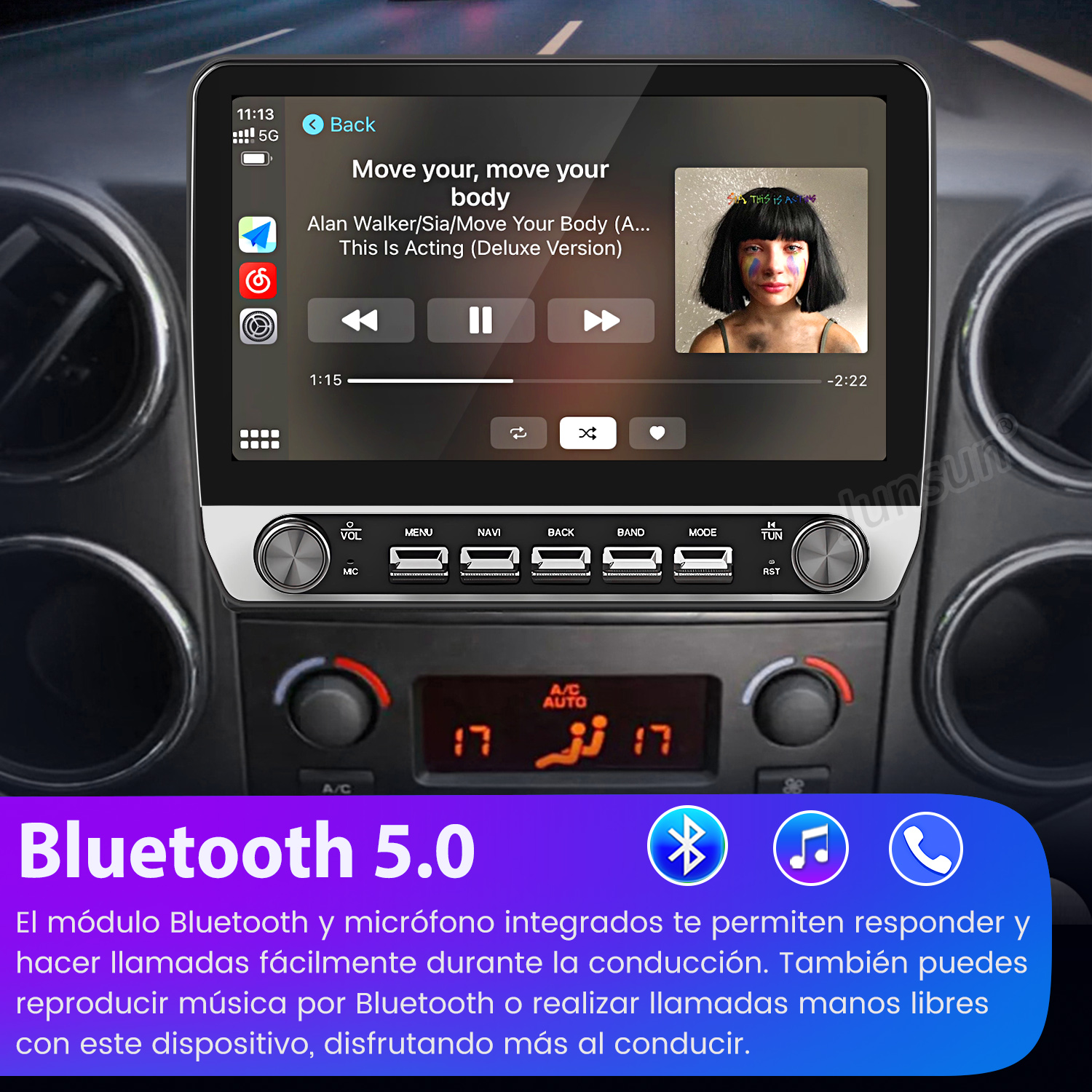 Pantalla del estéreo del coche que muestra controles de música. La canción "Move Your Body" se está reproduciendo. Bluetooth 5.0 se anuncia debajo de la pantalla.