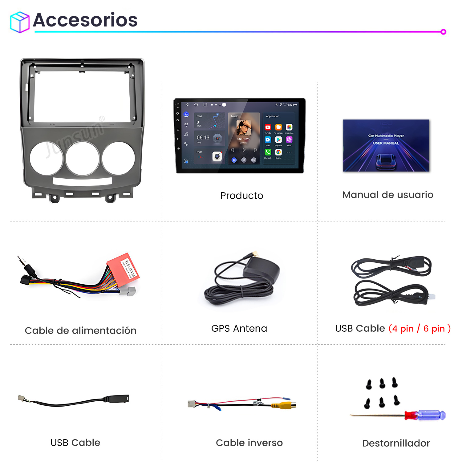 La imagen muestra accesorios para automóvil: un marco, una pantalla, un manual de usuario, cables, antena, tornillos y un destornillador.