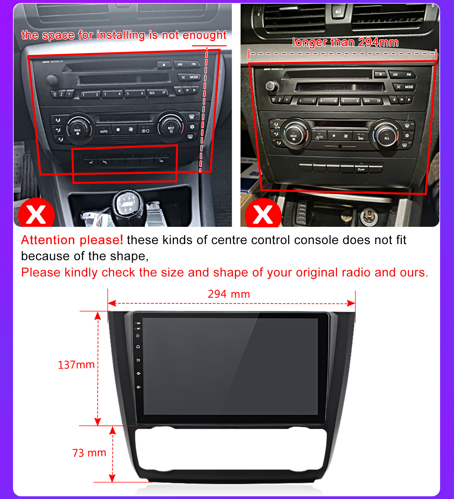 La imagen muestra instalaciones de radios de coche, con etiquetas de dimensiones y advertencias sobre problemas de ajuste.