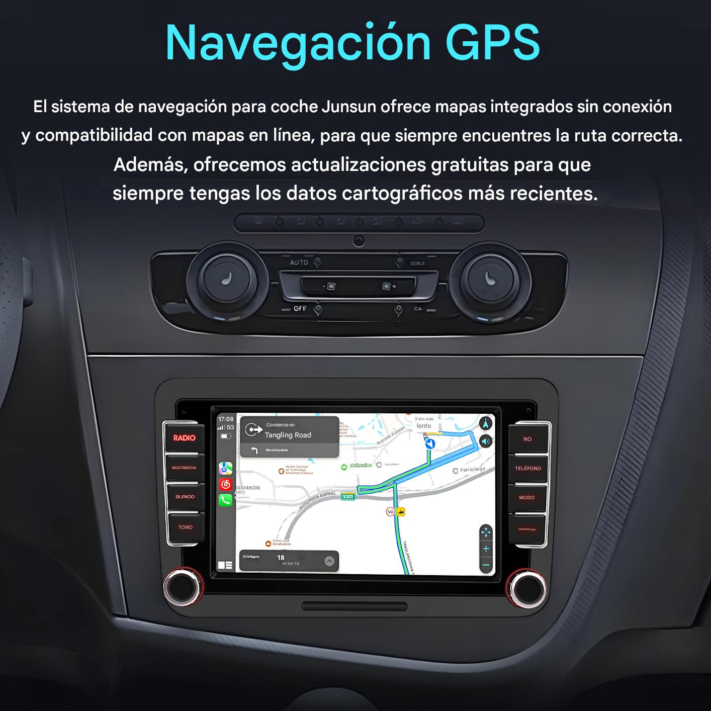 Sistema de navegación del coche mostrando un mapa, con botones de radio, multimedia y teléfono. Texto en español.