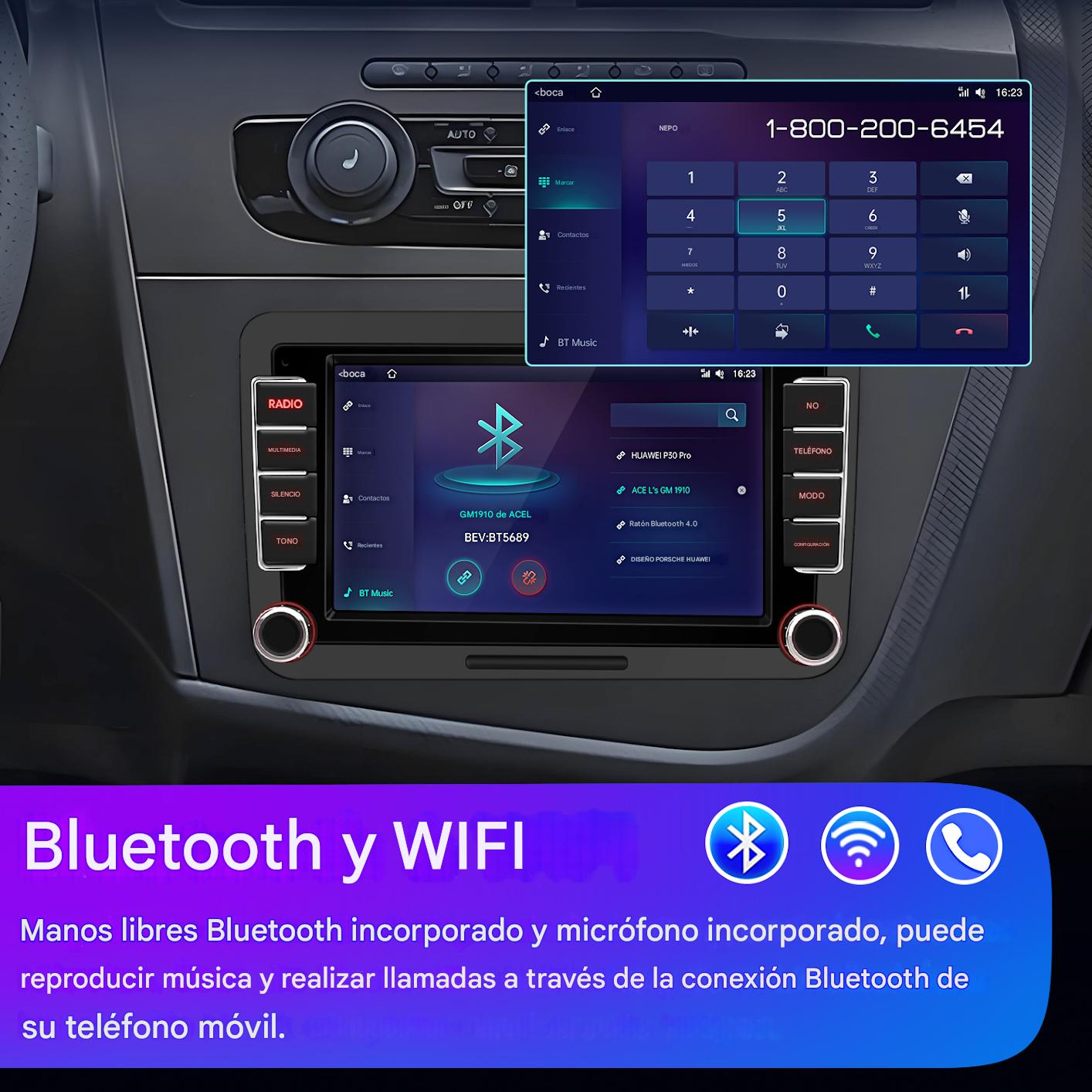 Radio de coche con Bluetooth y WiFi. Muestra un marcador telefónico y opciones de conexión Bluetooth.