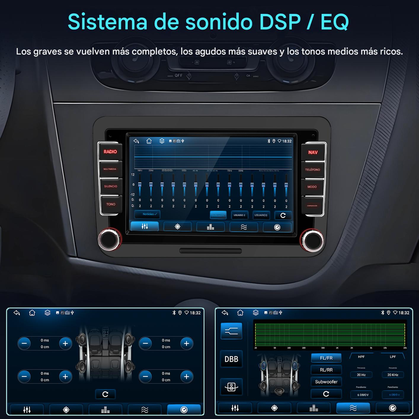 Pantalla de estéreo de coche que muestra la configuración de audio. Incluye radio, multimedia y ajustes de sonido.
