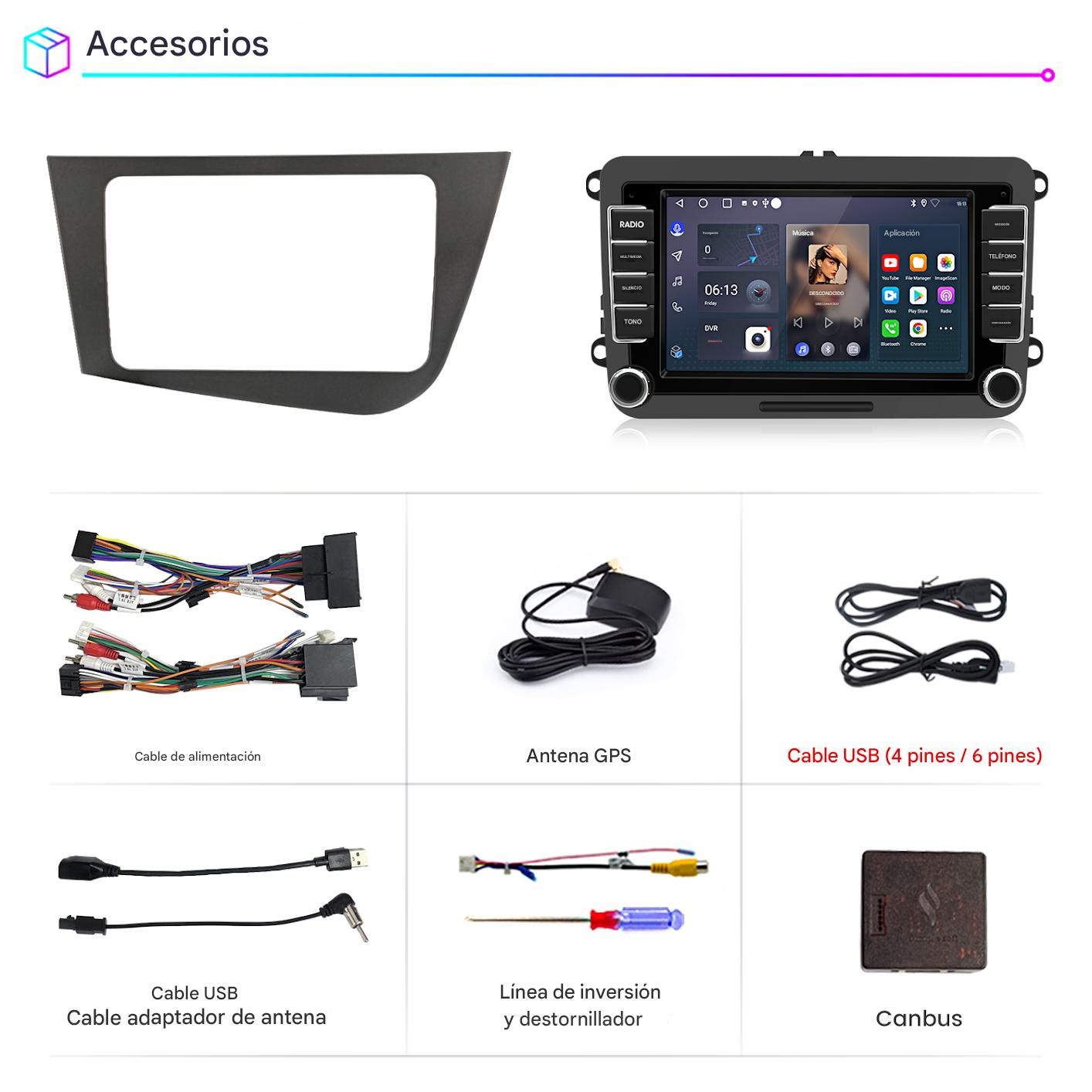 Accesorios para coche: Radio, cables, antena GPS, destornillador y dispositivo CAN bus. Los colores negro y gris dominan.
