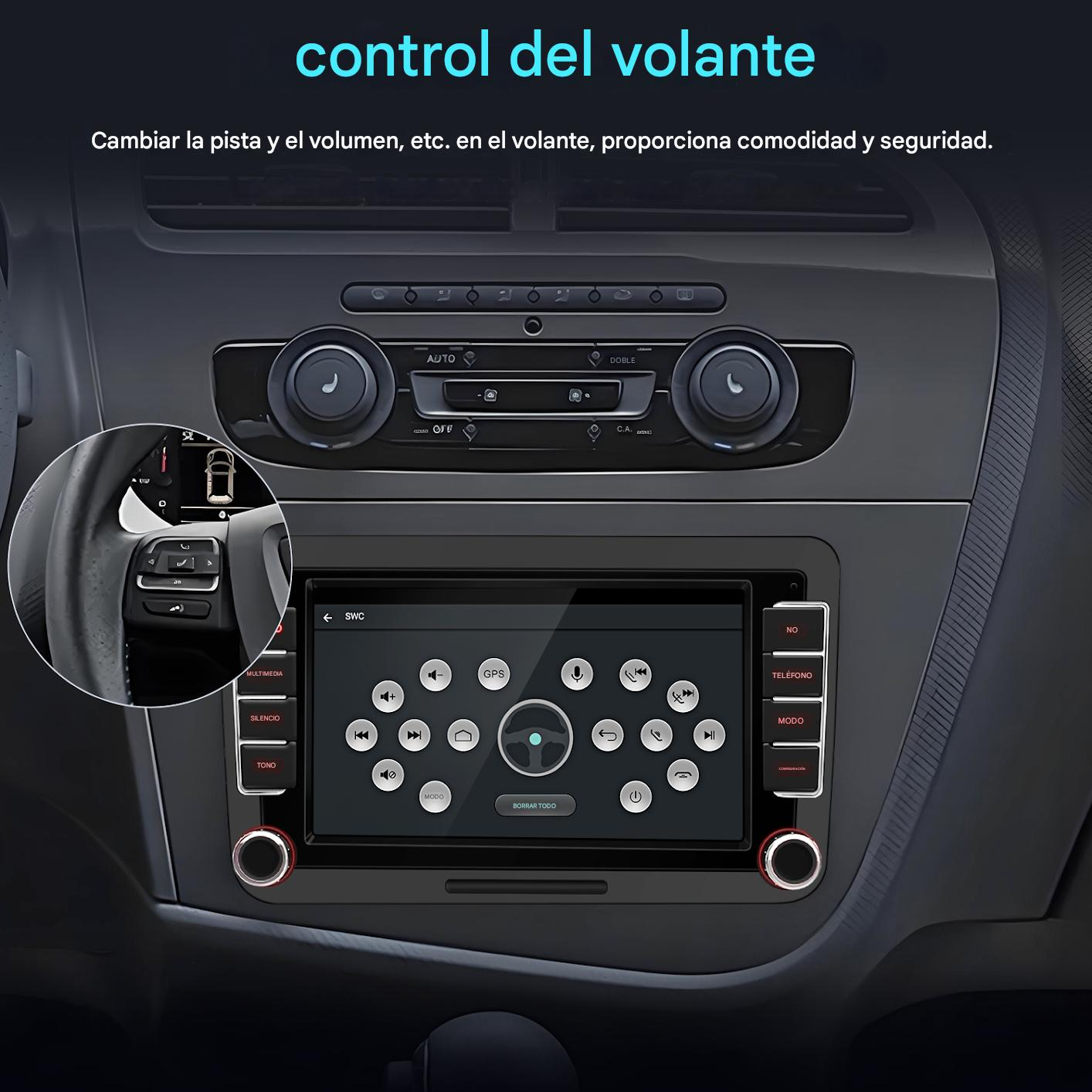 Radio de coche con pantalla táctil, botones y perillas. Muestra una interfaz de control del volante. El tablero del coche es visible.