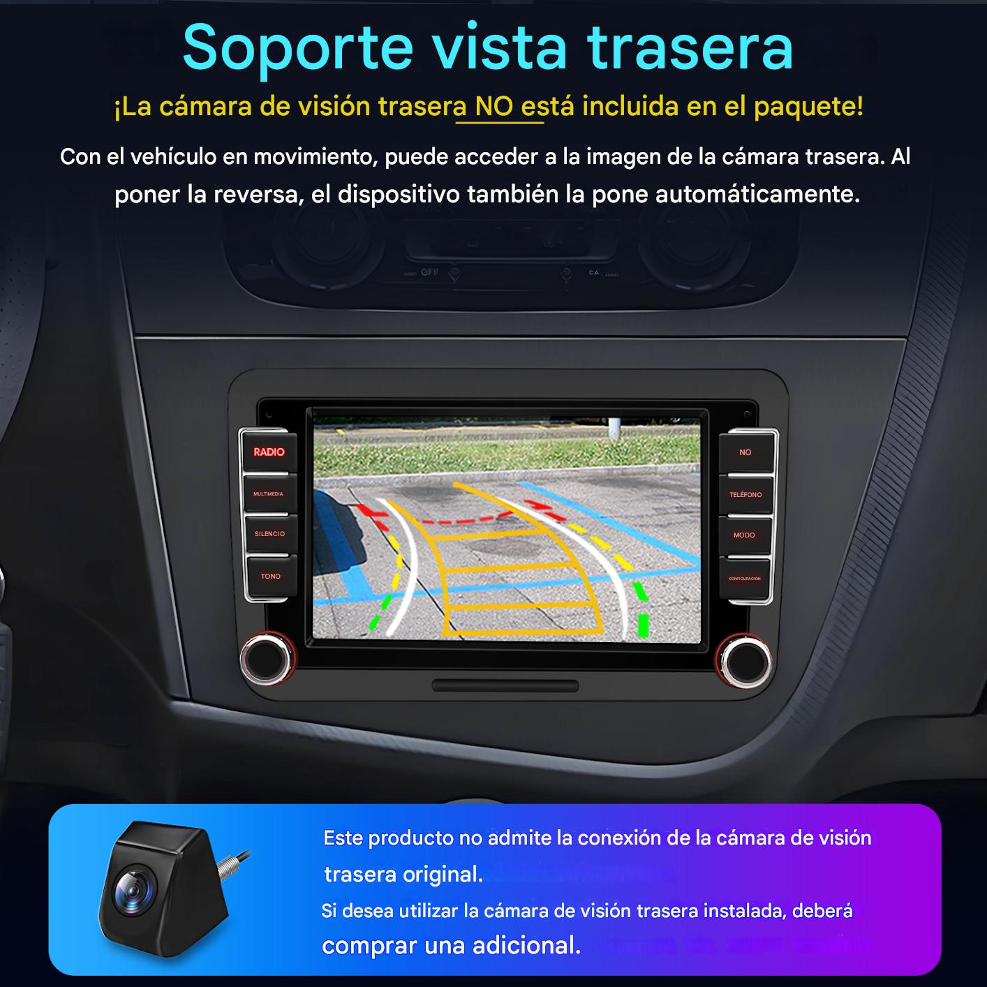 Tablero de coche mostrando la pantalla de la cámara de marcha atrás. Incluye botones e ilustración de una cámara.