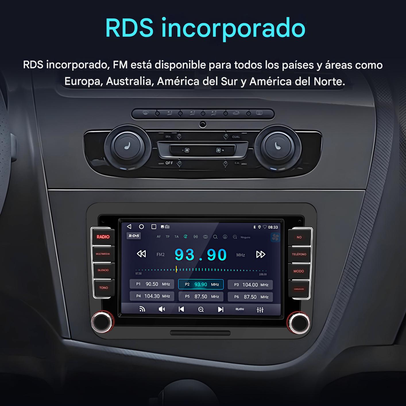 Pantalla de radio del coche que muestra la frecuencia FM 93.90 MHz. Botones para radio, multimedia y teléfono. Texto: RDS incorporado.
