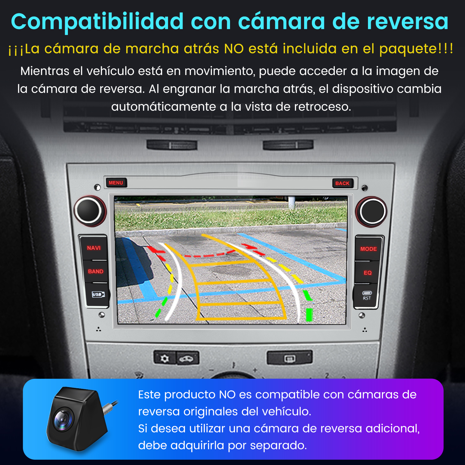 Pantalla de radio de coche mostrando vista de cámara de marcha atrás. Una pequeña cámara negra se muestra debajo.