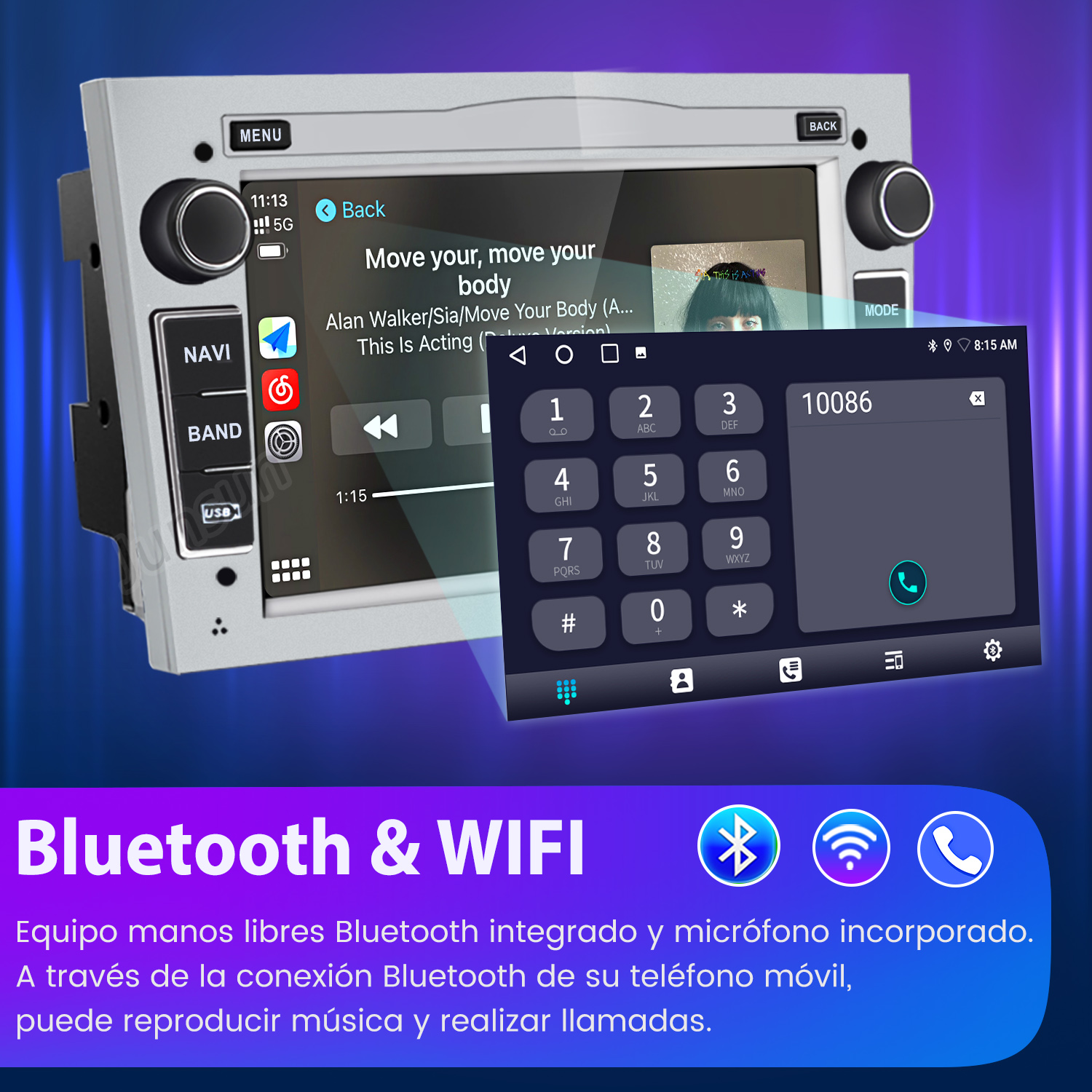 Autoradio con pantalla táctil reproduciendo música. Se abre un teclado para hacer una llamada. Se ven los logos de Bluetooth y WiFi.