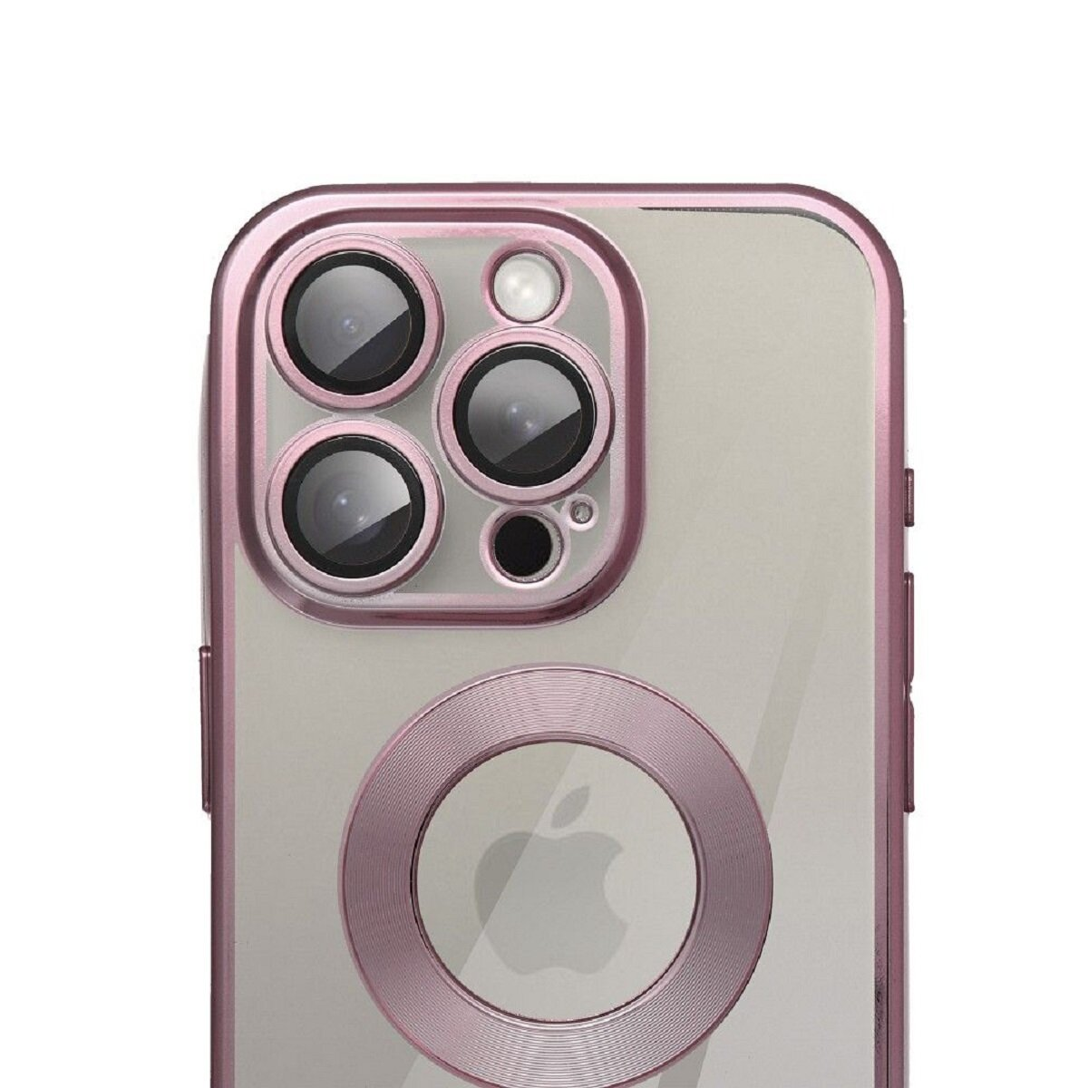 Nahaufnahme einer Handyhülle mit Kameramodul. Sie ist rosa und transparent. Apple-Logo sichtbar. Die Hülle hat vier Kameralinsen.