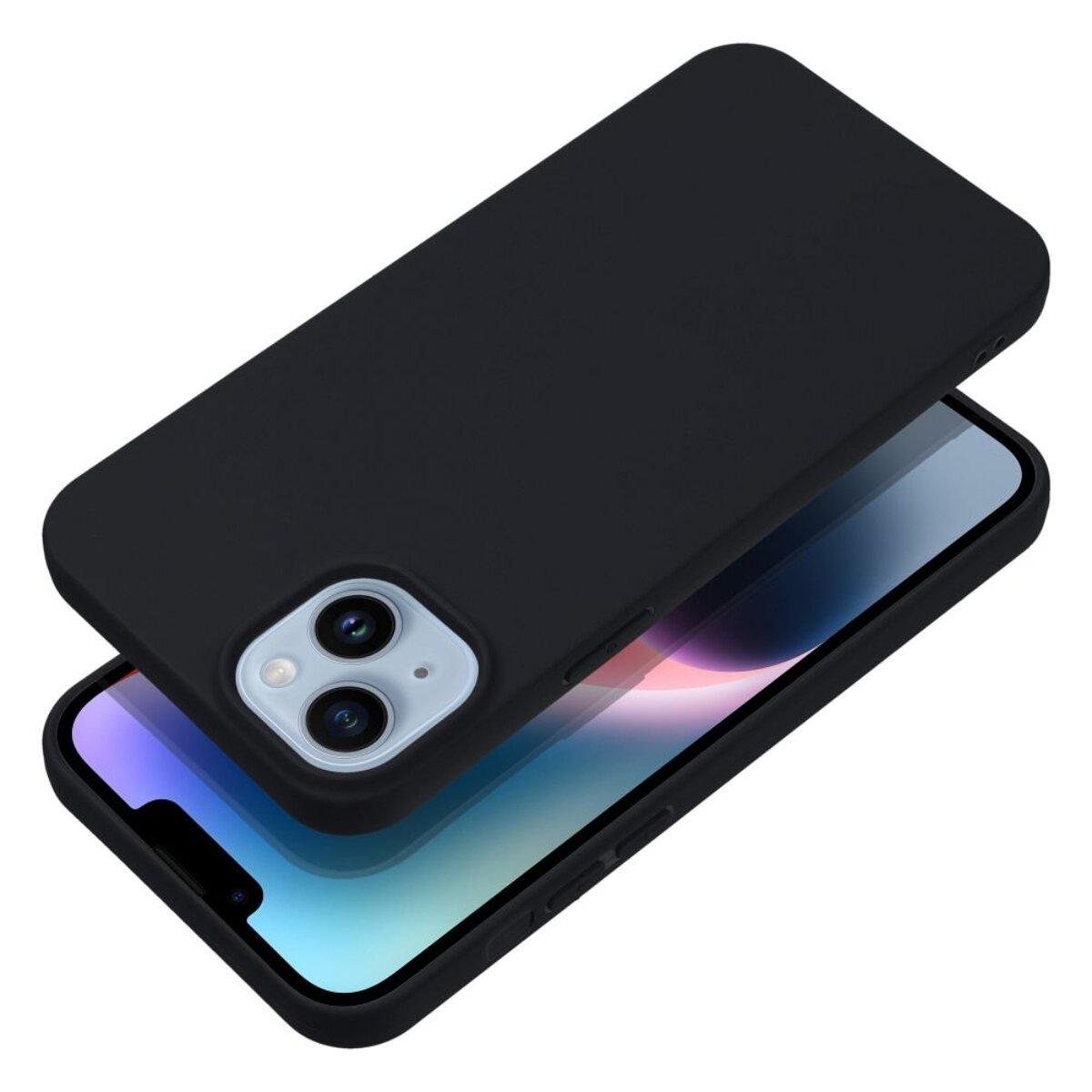 Eine schwarze Handyhülle liegt offen und gibt ein Handy frei. Das Handy hat einen Bildschirm und Kameralinsen. Der Hintergrund ist weiß.