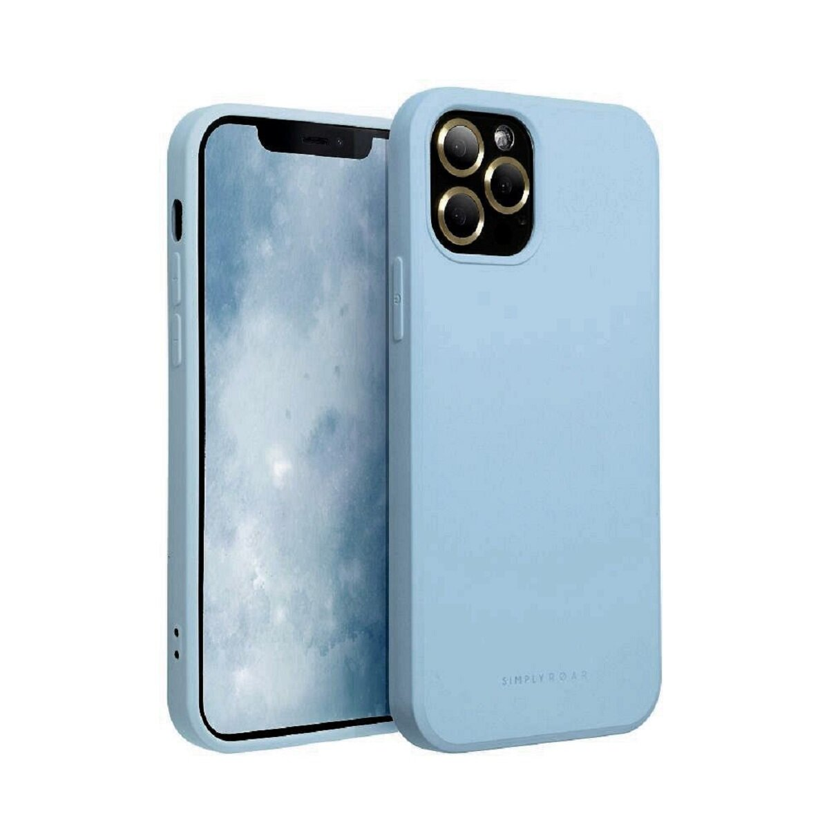 Zwei hellblaue Handyhüllen, eine mit dem Telefon, die andere zeigt die Rückseite mit Kamera und dem Markennamen: Simply Roar.