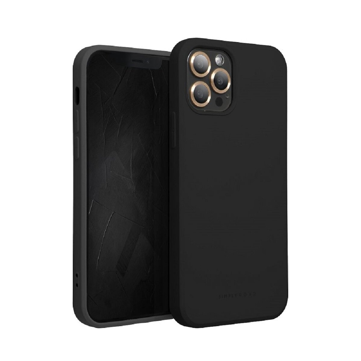Zwei schwarze iPhone-Hüllen. Eine ist geöffnet, um den Bildschirm des Telefons zu zeigen, die andere ist geschlossen. Die Telefonkameras haben goldene Ringe.